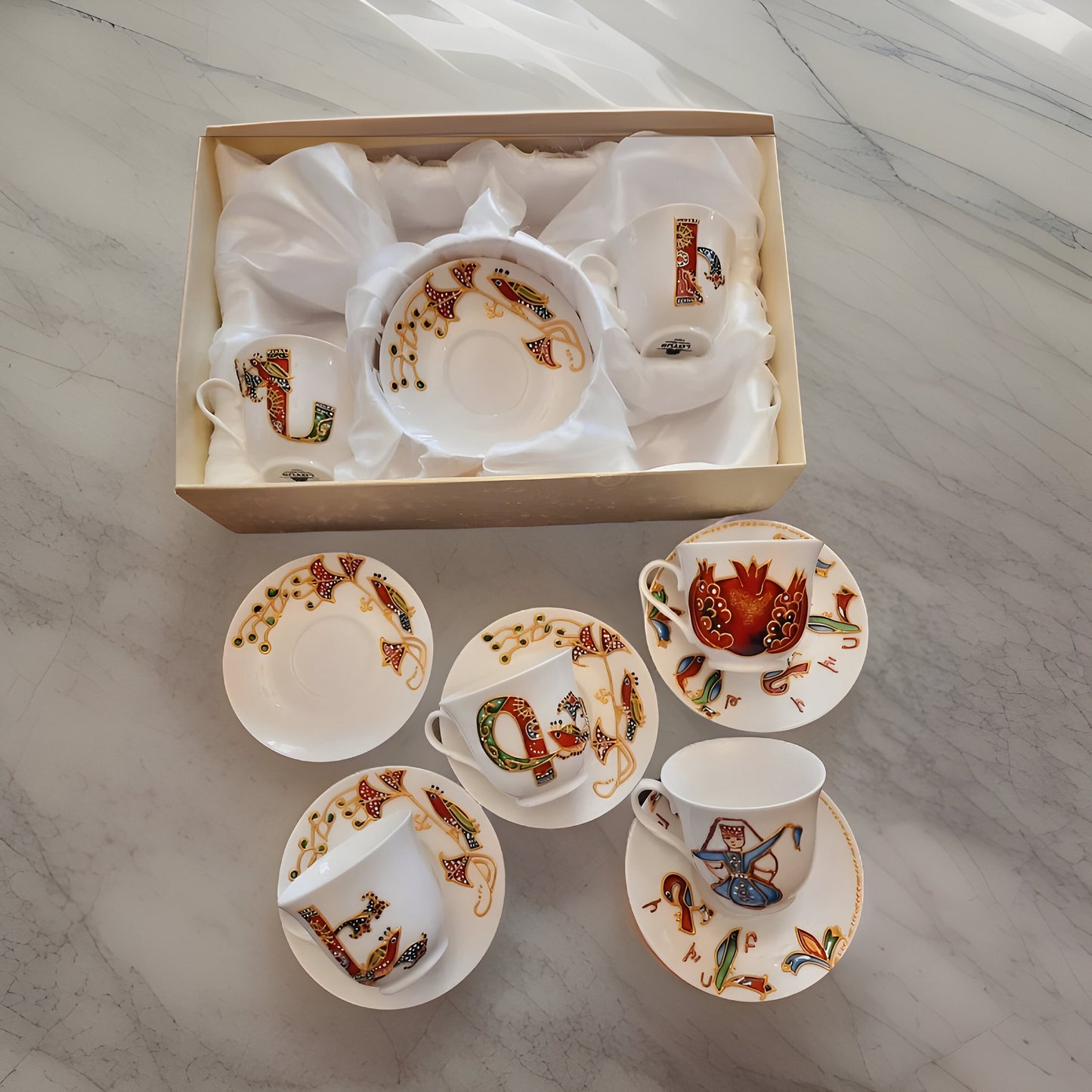 Set of 6 HAND-DRAWN Espresso Coffee Cup and Saucer Set - Armenian Family Gift - Wedding Gift- Armenian Heritage Traditional Motifs