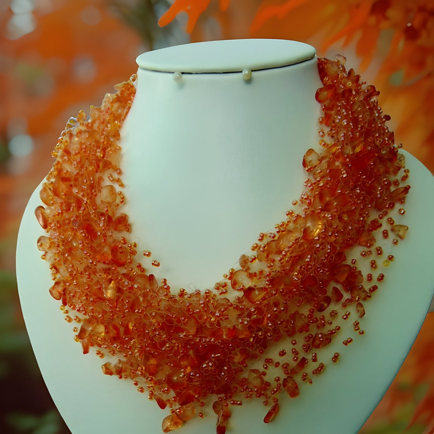Orange Air Necklace with Natural Stone Beads -Fall Trend - Fall Fashion - Orange Color Lovers - Orange Fashion Statement - Formal Necklace