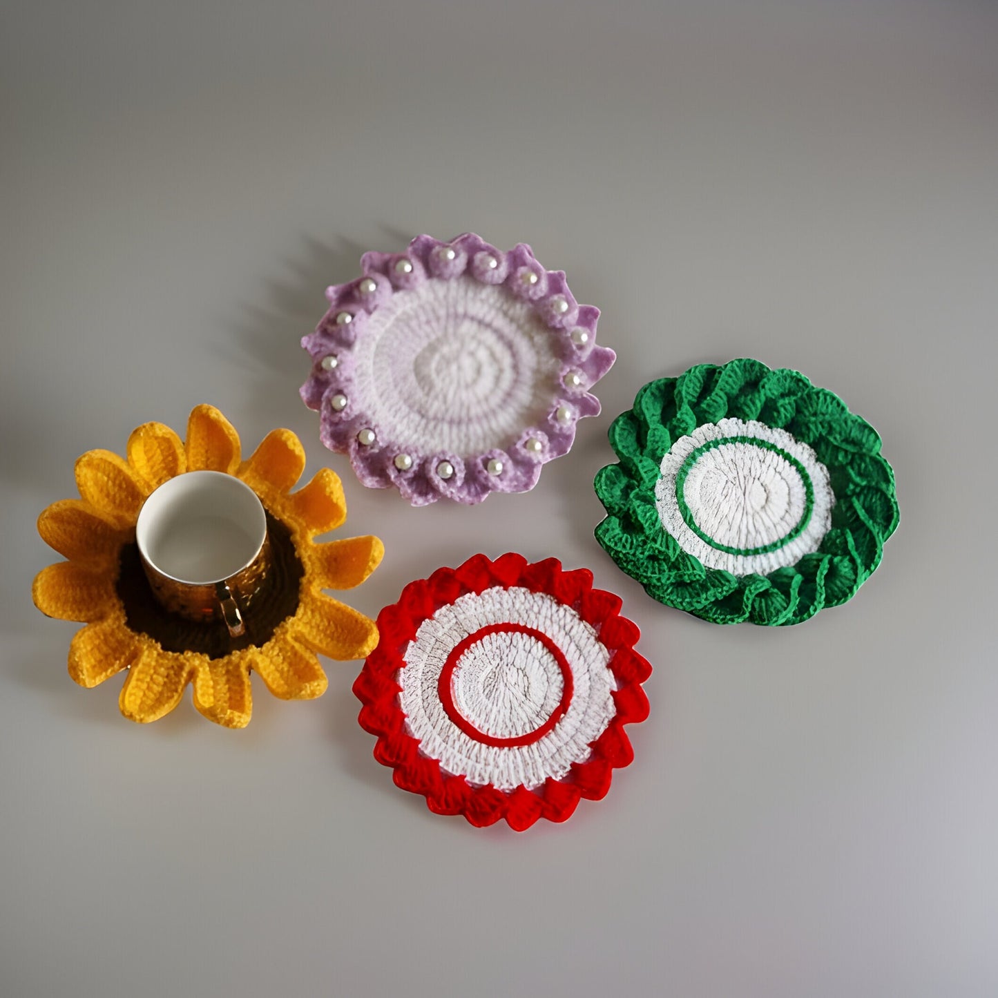 Set of 6 Crochet Coasters & Doilies - Sunflower, Pearl Flower, Spiral Flower, Elegant Flower - Home Decor and Candle Accessories