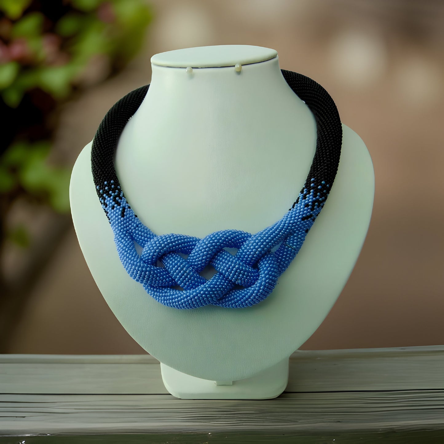 Midnight Blue Celtic Love Knot Rope Necklace - Beaded Statement Necklace with Ombre Crochet - Formal Evening Jewelry for a Touch of Elegance