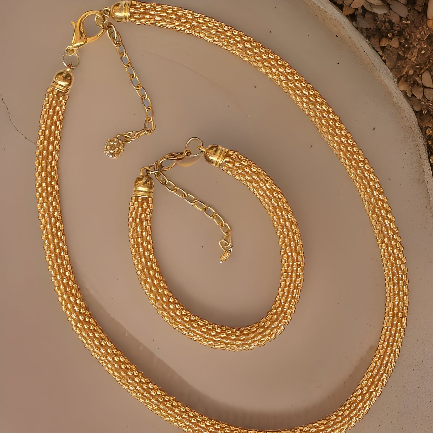 Golden Rope Beaded Necklace and Bracelet Set - Luxurious Set - Formal Setting, Wedding, Prom, Bridal Jewelry - Mother of the Bride \ Groom