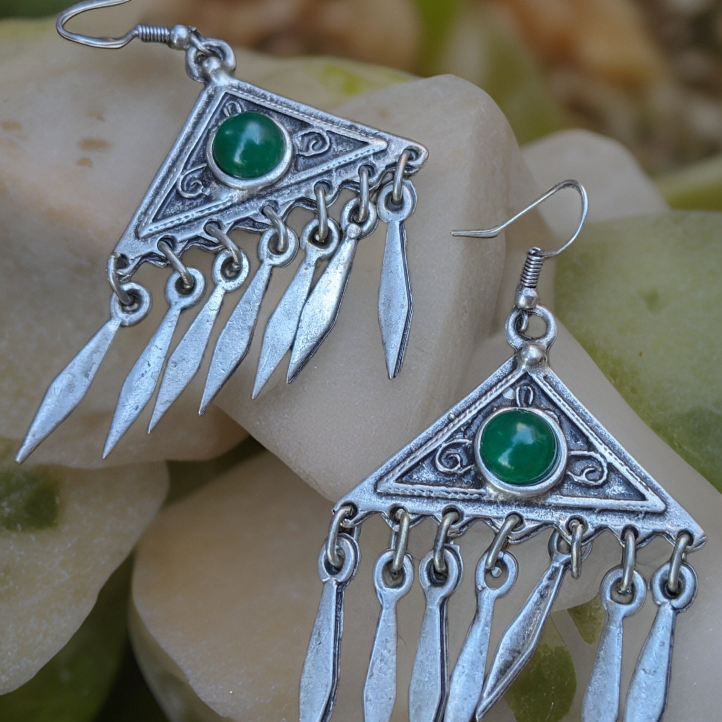 Bohemian Dangle Earrings with Natural Green Triangle Geometric Arrows - Primitive and Trendy Jewelry for an Eco-Friendly Fashion Statement