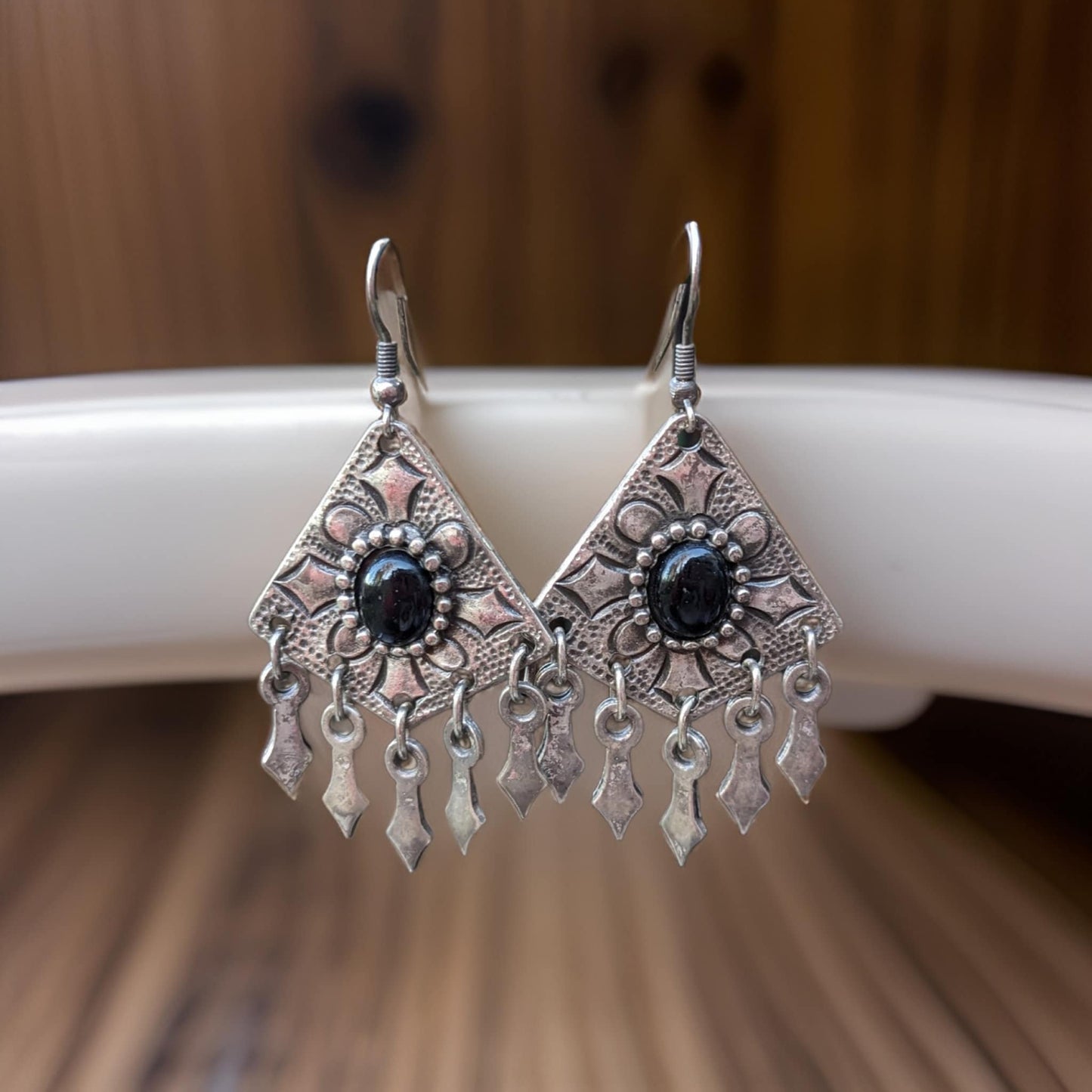 Black Natural Dangle Triangle Earrings - Armenian Earrings, Bohemian Jewelry, Filigri Earrings