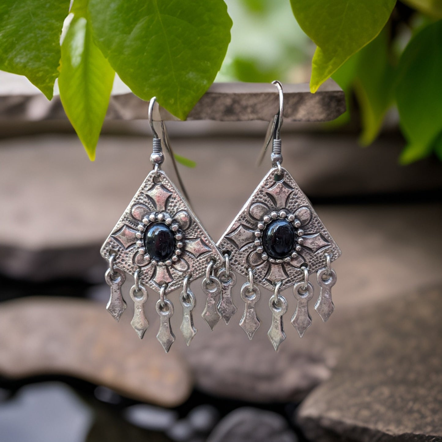 Black Natural Dangle Triangle Earrings - Armenian Earrings, Bohemian Jewelry, Filigri Earrings