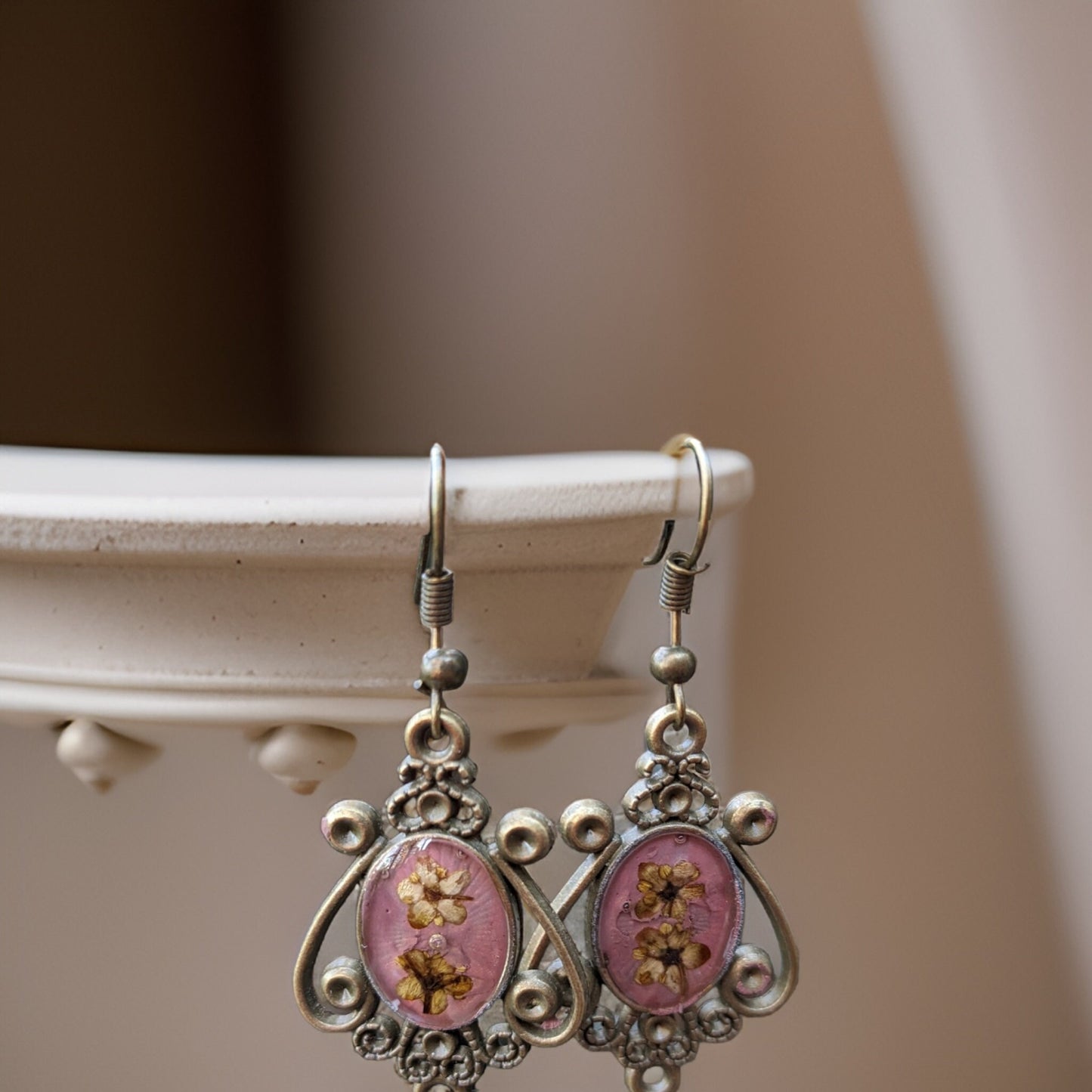 Victorian-Inspired Earrings Light Pink Dried Flowers from Armenia - Antique Aesthetic, Delicate Floral Jewelry, Touch of Timeless Elegance