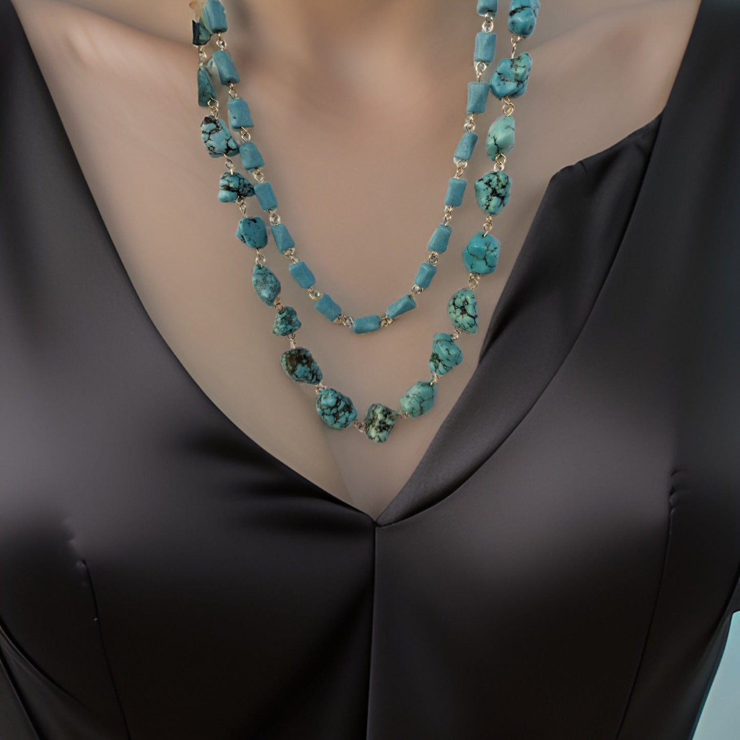 Natural Stones Shades of Blue & Sky Blue Beaded Statement Necklace - One of a Kind Handcrafted Jewelry - Unique Boho Chic Fashion Accessory