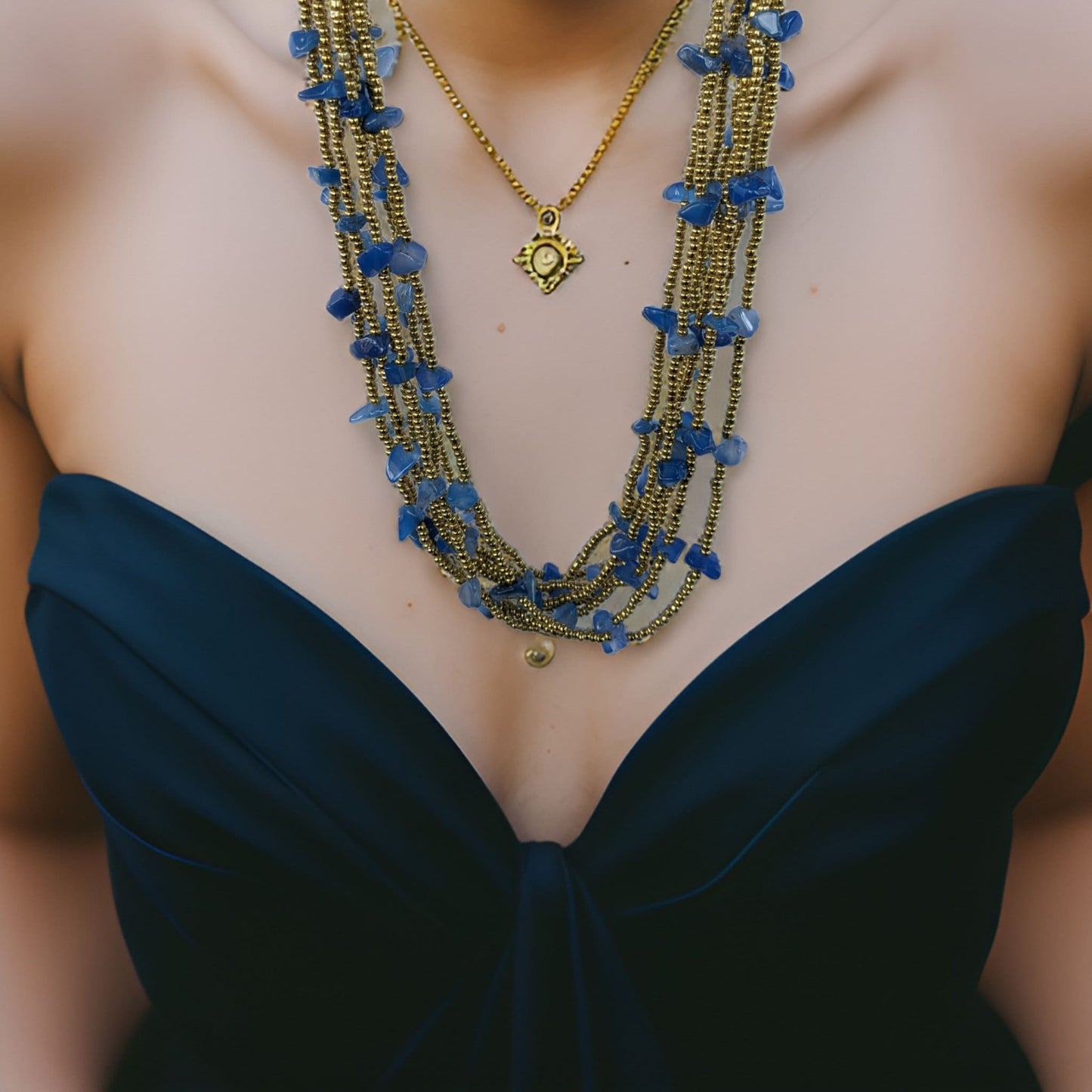 Navy Blue Gold Statement Necklace - Midnight Blue Multi-Strand with Stunning Gold Seed beads - Luxurious Perfect for Special Occasions