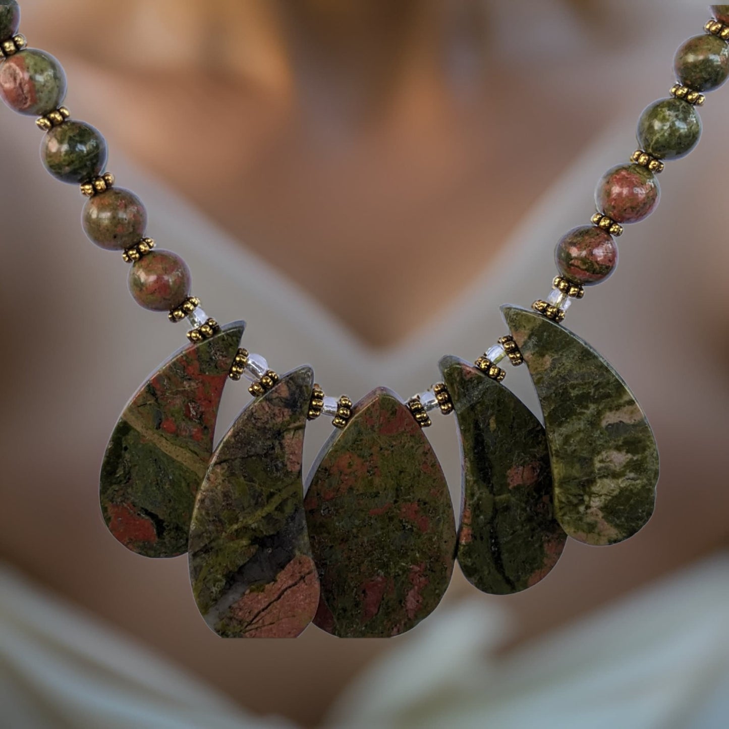 Olive Green Natural Stones Boho Chic Beaded Necklace Pendant - Statement Necklace - Bohemian Jewelry - Earthy Green Gemstone - READY TO SHIP