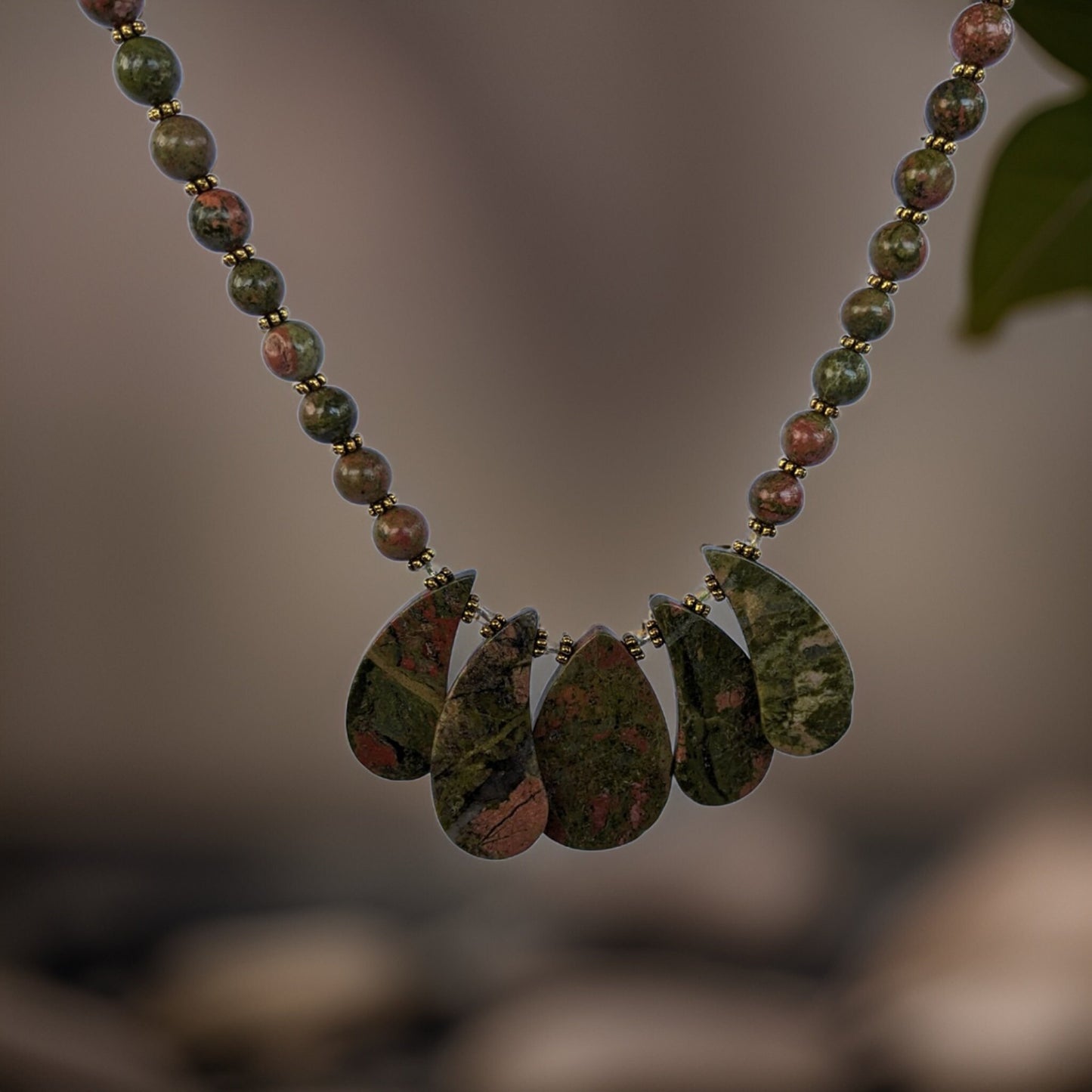 Olive Green Natural Stones Boho Chic Beaded Necklace Pendant - Statement Necklace - Bohemian Jewelry - Earthy Green Gemstone - READY TO SHIP