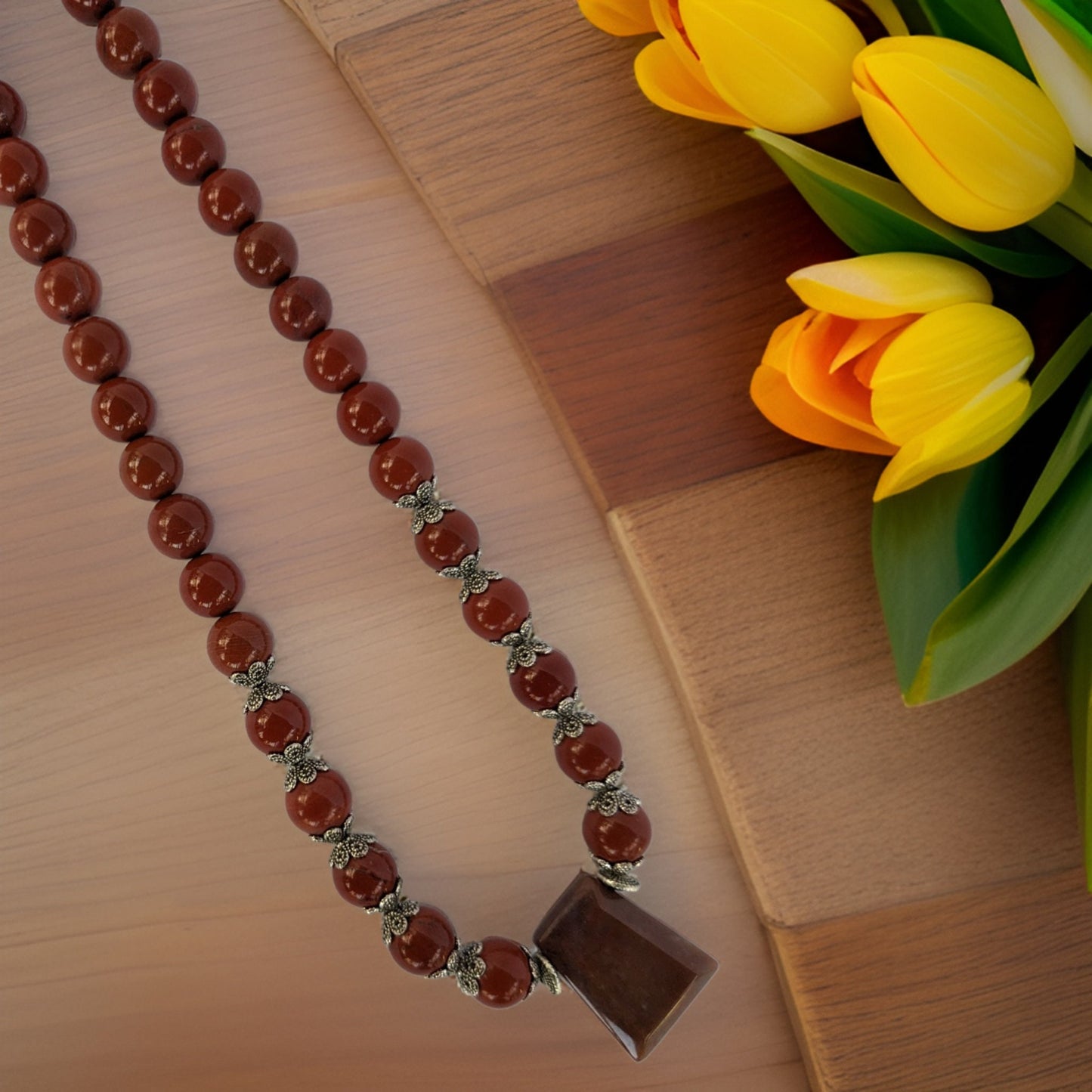 Rich Brown Agate Statement Beaded Necklace with Pendant - Brown Fall Fashion, Earthy Jewelry, Elegance, Chestnut Brown, One-of-a-Kind Piece