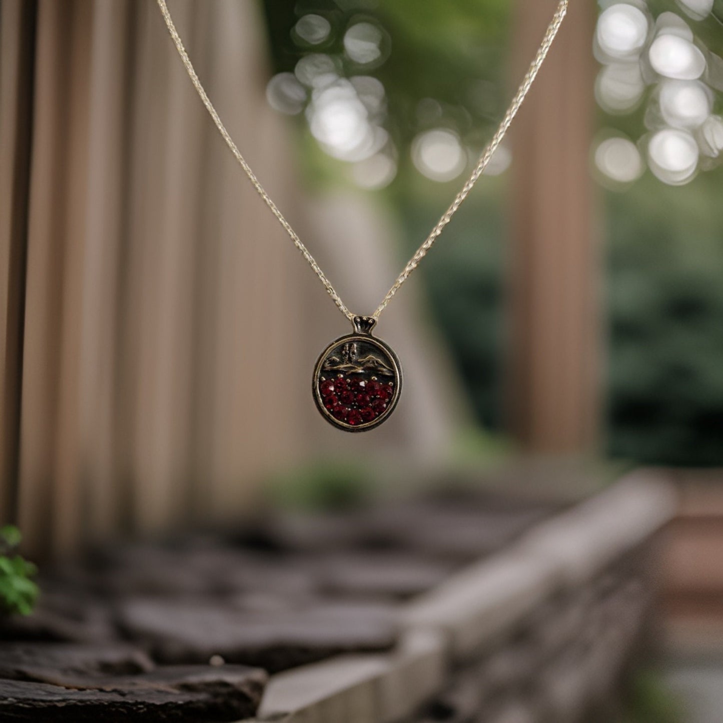 Sterling Silver Red Garnet Necklace with Armenian Church & Monastery Motifs, Inspired by Majestic Mount Ararat - Unique Jewelry Gift