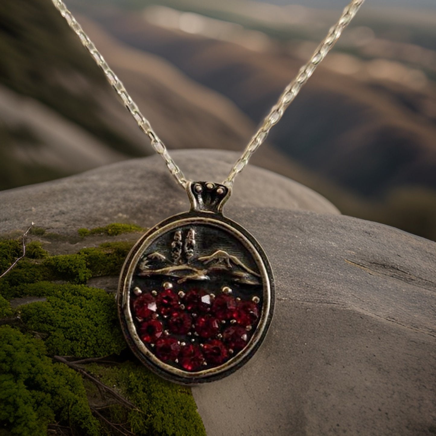 Sterling Silver Red Garnet Necklace with Armenian Church & Monastery Motifs, Inspired by Majestic Mount Ararat - Unique Jewelry Gift
