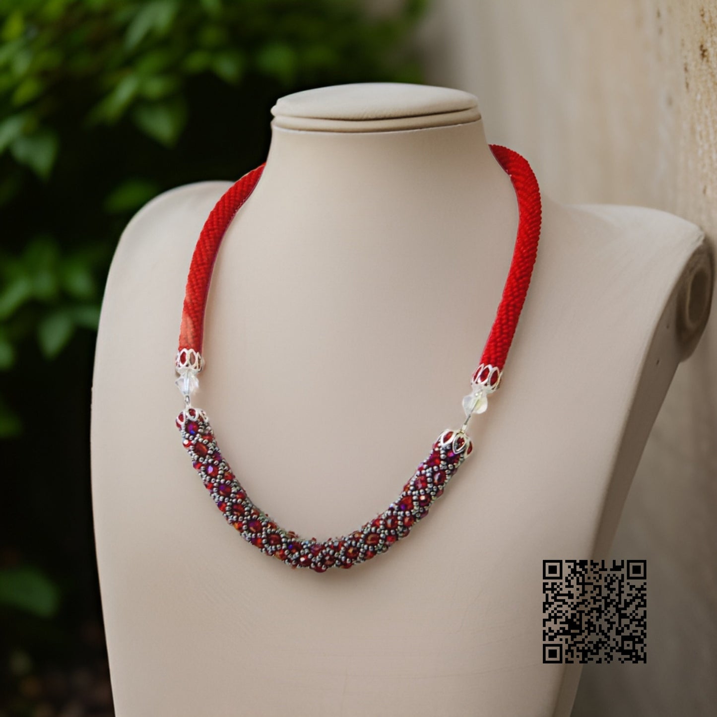 Strawberries Czech Bead Red Crochet Rope Necklace | Handmade Evening Necklace | Rope Jewelry | Czech Bead Necklace| Red Statement Necklace
