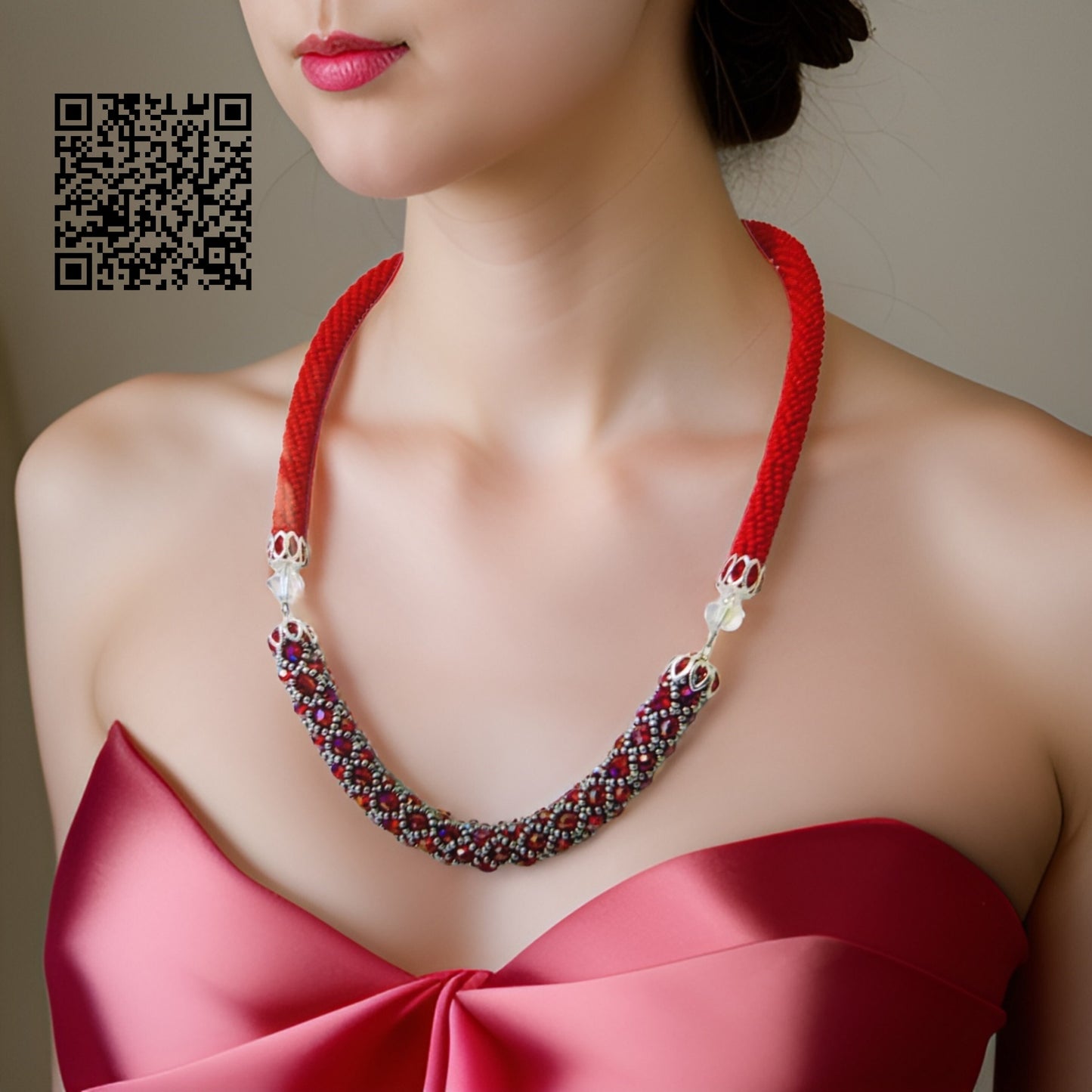 Strawberries Czech Bead Red Crochet Rope Necklace | Handmade Evening Necklace | Rope Jewelry | Czech Bead Necklace| Red Statement Necklace