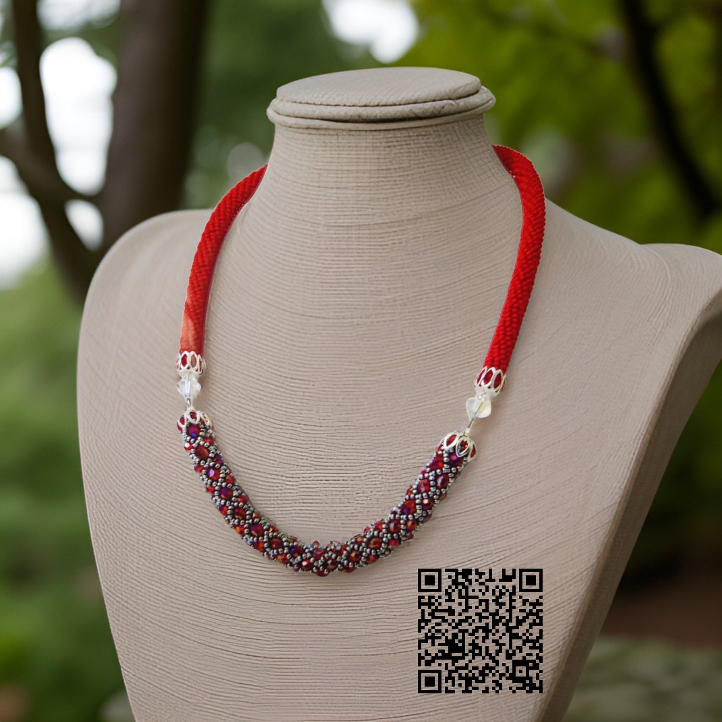 Strawberries Czech Bead Red Crochet Rope Necklace | Handmade Evening Necklace | Rope Jewelry | Czech Bead Necklace| Red Statement Necklace