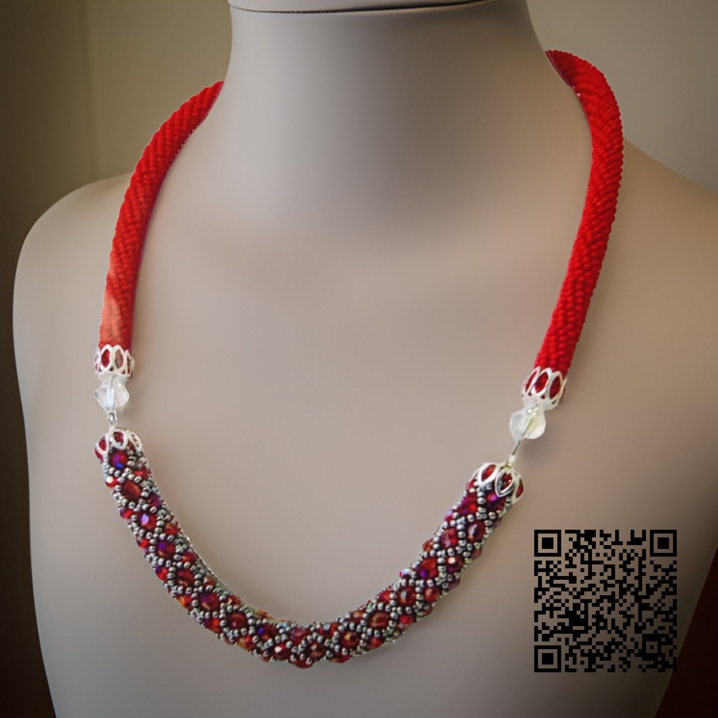 Strawberries Czech Bead Red Crochet Rope Necklace | Handmade Evening Necklace | Rope Jewelry | Czech Bead Necklace| Red Statement Necklace