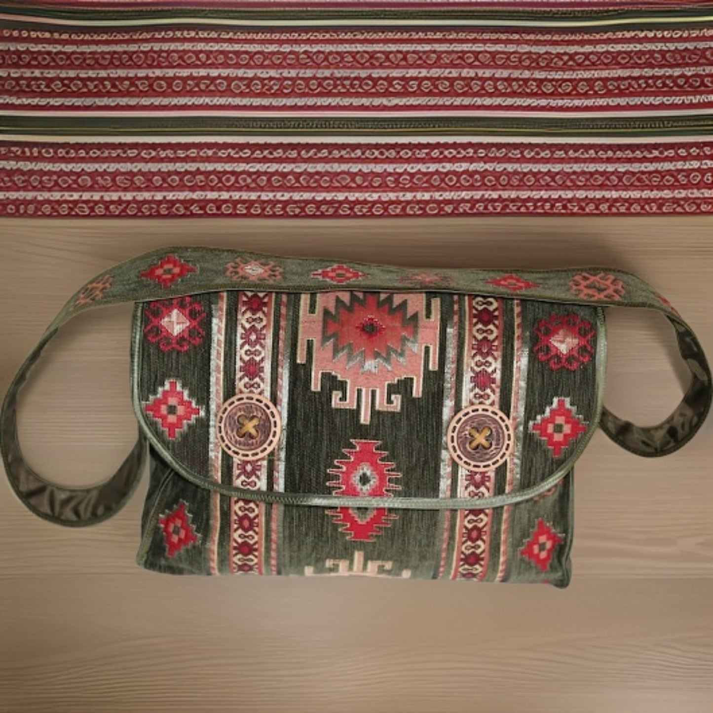 Olive Green Armenian Motifs Cross Body Bag - Authentic Armenian Traditional Gift - Boho Ethnic Purse - Stylish and Original Shoulder Bag