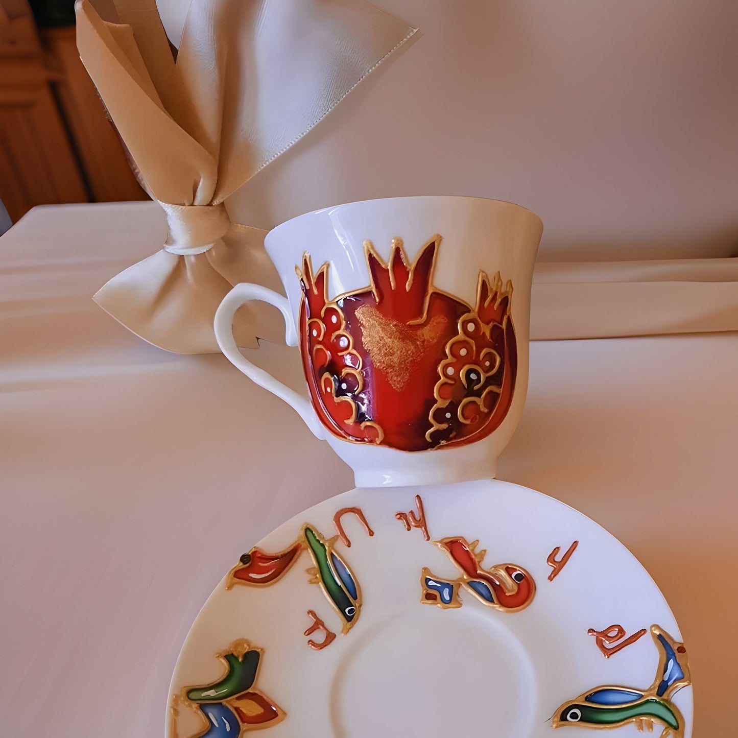 Set of 6 HAND-DRAWN Espresso Coffee Cup and Saucer Set - Armenian Family Gift - Wedding Gift- Armenian Heritage Traditional Motifs
