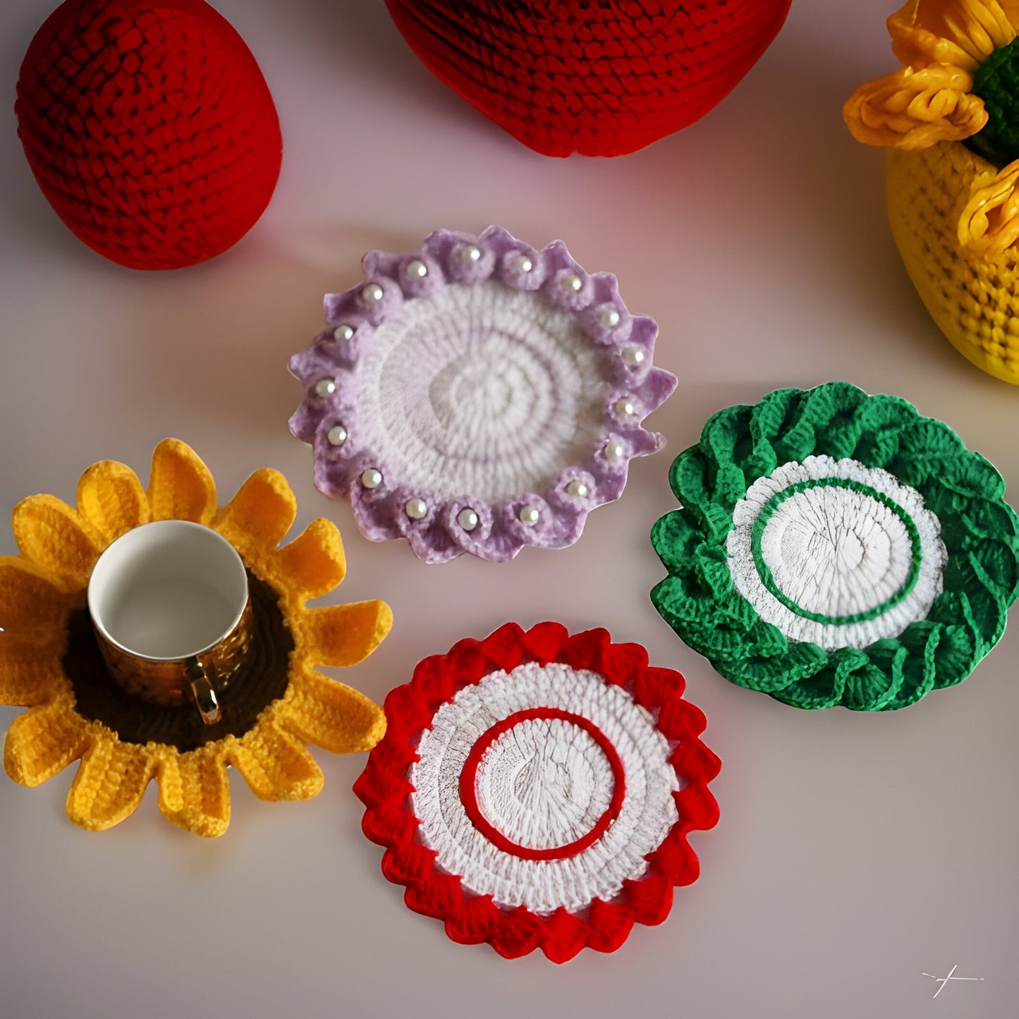 Set of 6 Crochet Coasters & Doilies - Sunflower, Pearl Flower, Spiral Flower, Elegant Flower - Home Decor and Candle Accessories