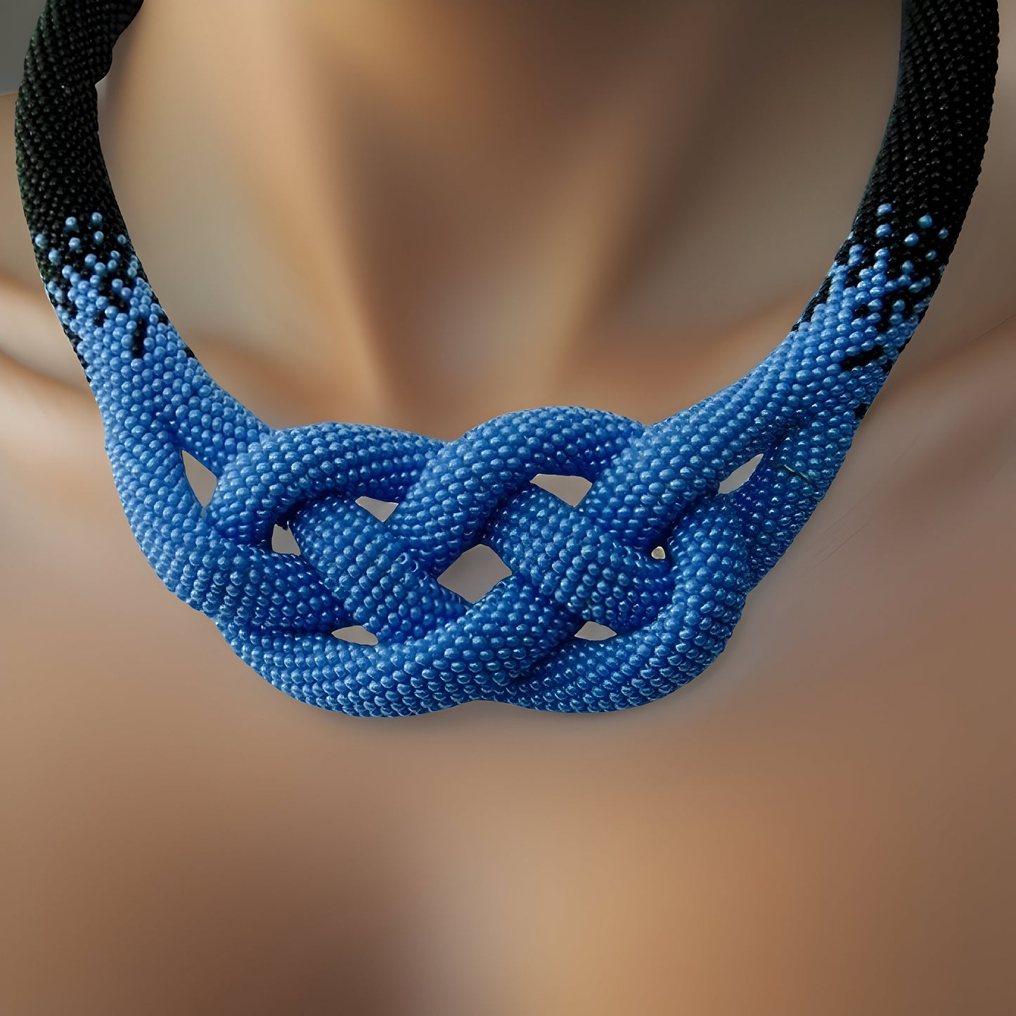 Midnight Blue Celtic Love Knot Rope Necklace - Beaded Statement Necklace with Ombre Crochet - Formal Evening Jewelry for a Touch of Elegance