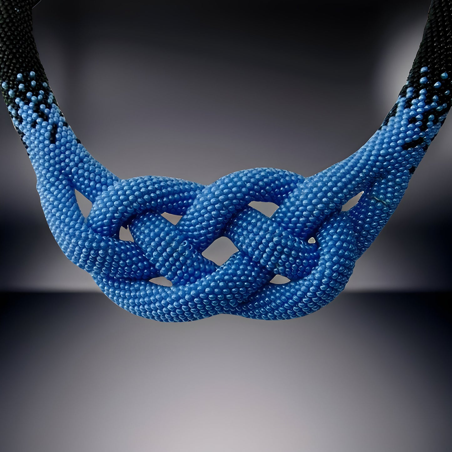 Midnight Blue Celtic Love Knot Rope Necklace - Beaded Statement Necklace with Ombre Crochet - Formal Evening Jewelry for a Touch of Elegance