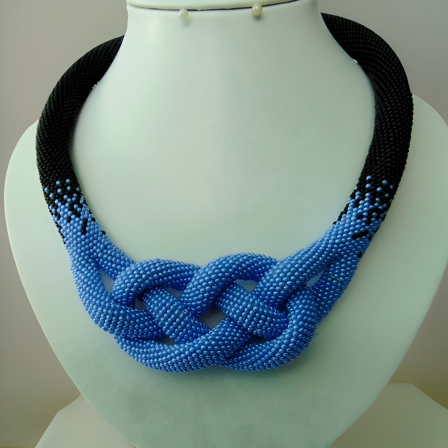 Midnight Blue Celtic Love Knot Rope Necklace - Beaded Statement Necklace with Ombre Crochet - Formal Evening Jewelry for a Touch of Elegance