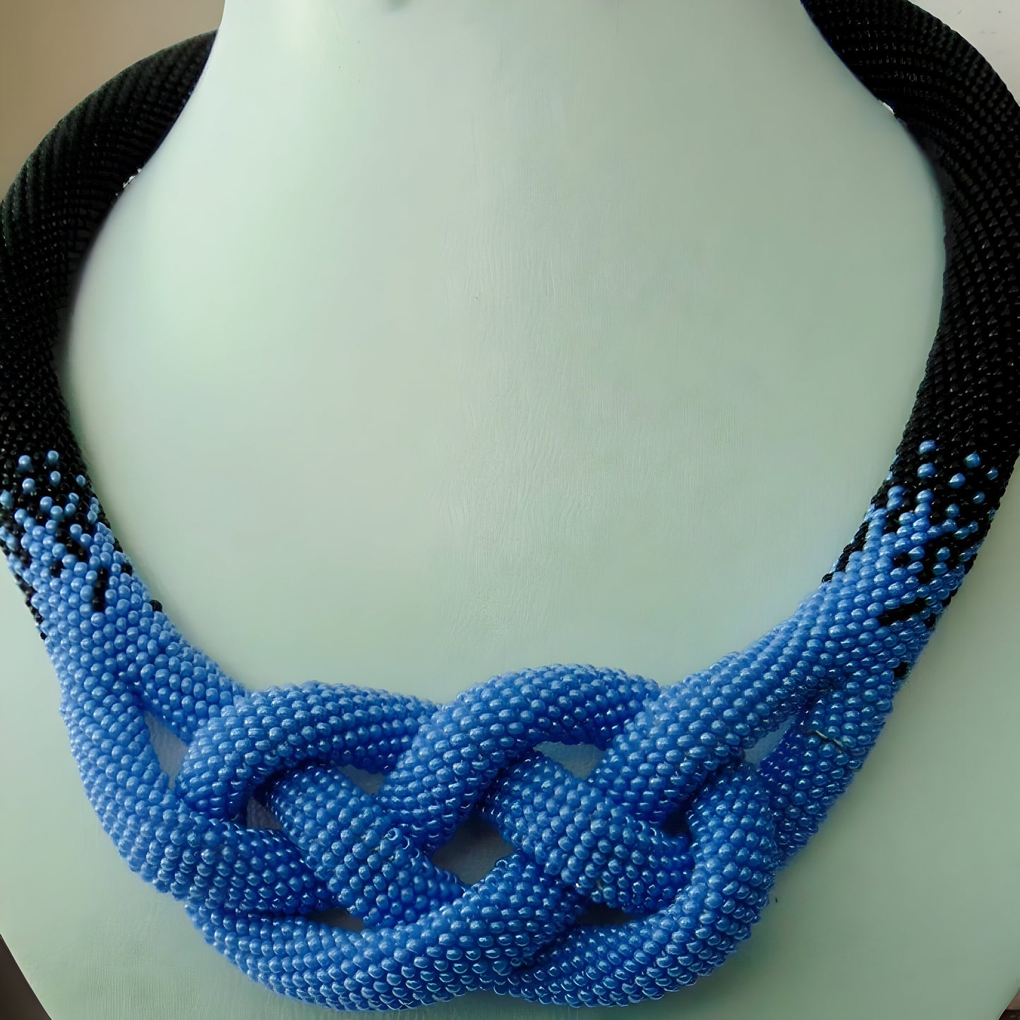 Midnight Blue Celtic Love Knot Rope Necklace - Beaded Statement Necklace with Ombre Crochet - Formal Evening Jewelry for a Touch of Elegance