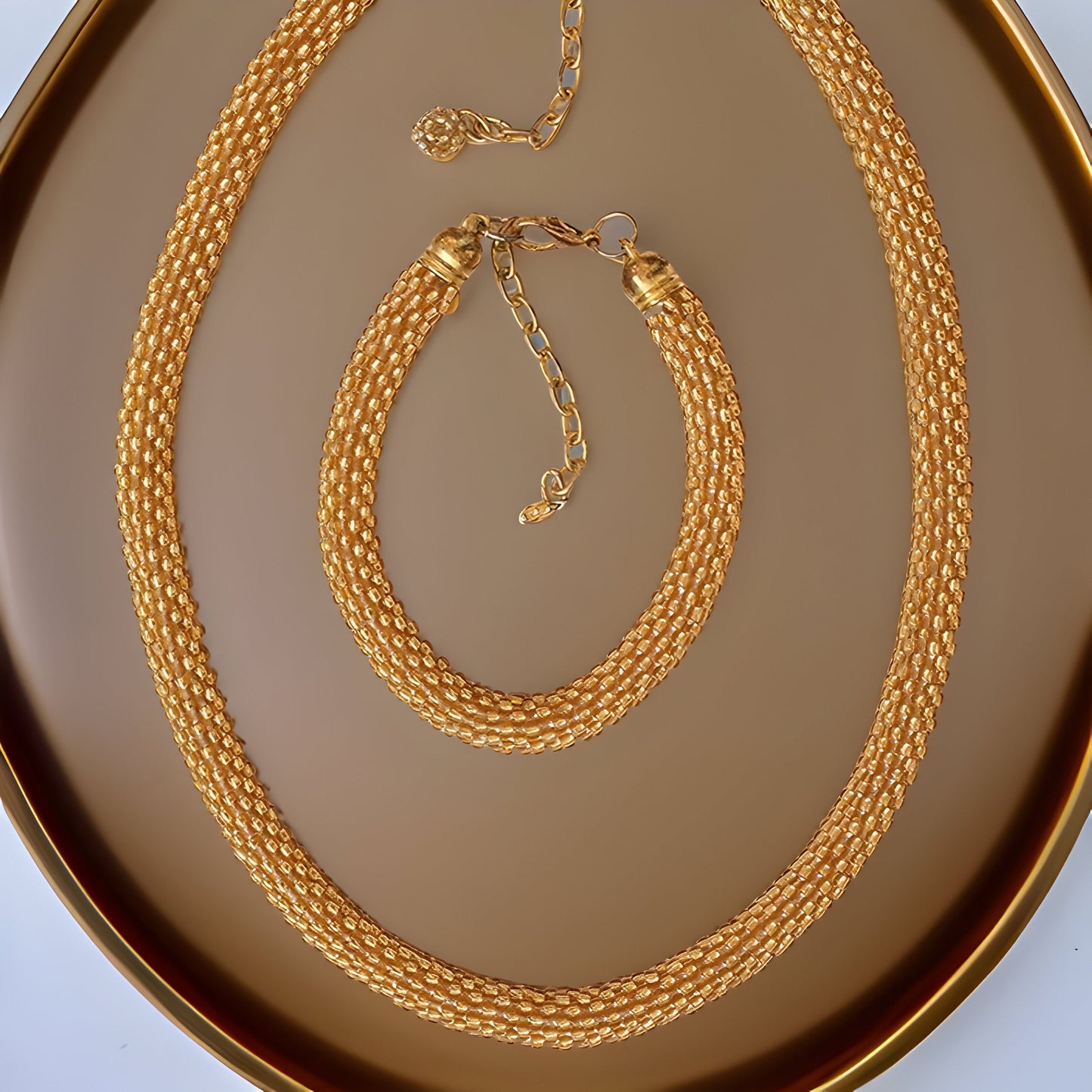 Golden Rope Beaded Necklace and Bracelet Set - Luxurious Set - Formal Setting, Wedding, Prom, Bridal Jewelry - Mother of the Bride \ Groom