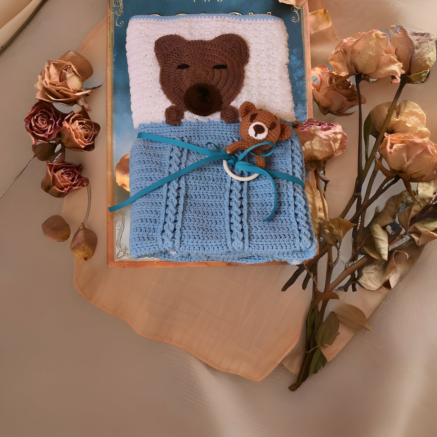 Three Little Bears Blanket and Rattle Set - Crochet Baby Bear Set - Baby Shower or 1st Birthday Gift - Gender-Neutral