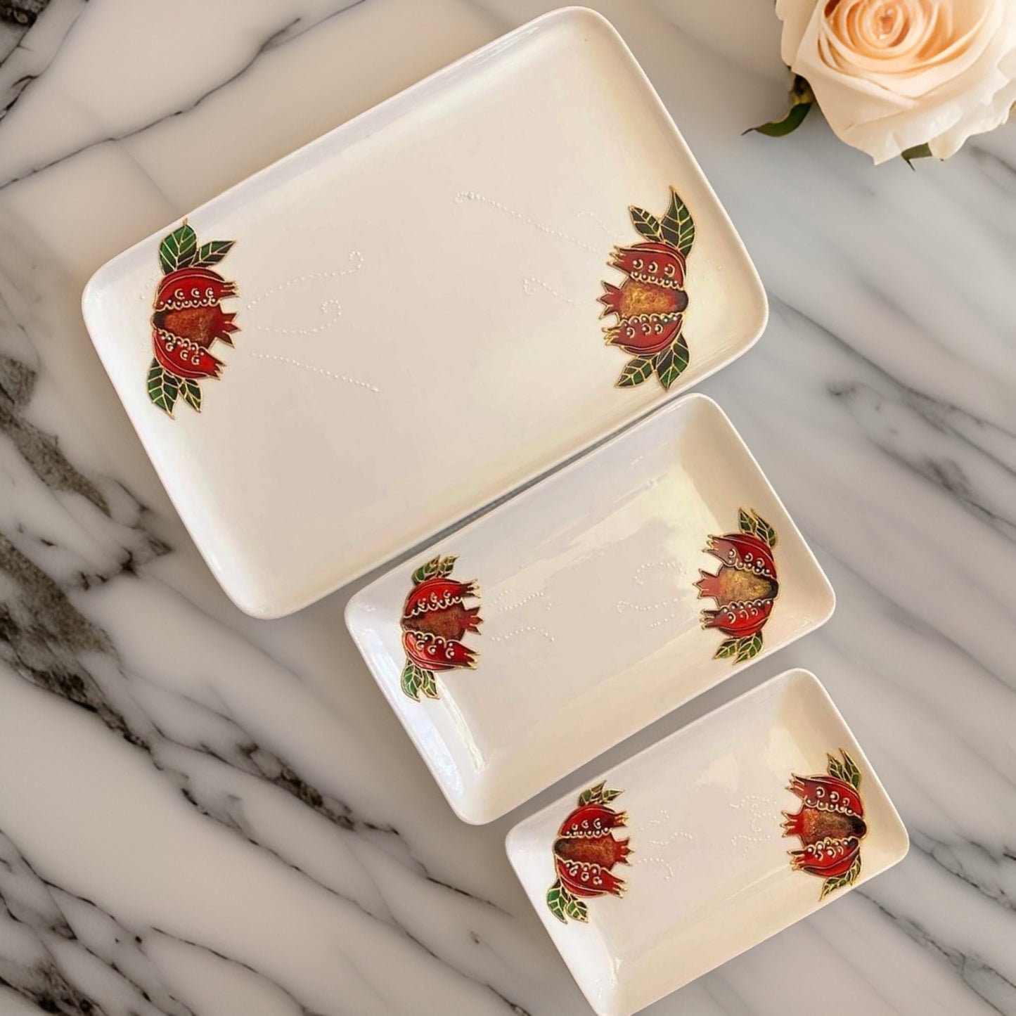 Hand-Painted Pomegranate Seeds Ornamental Serving Plates - Set of 3 Armenian Gift for Newlyweds Beautifully Crafted Serveware