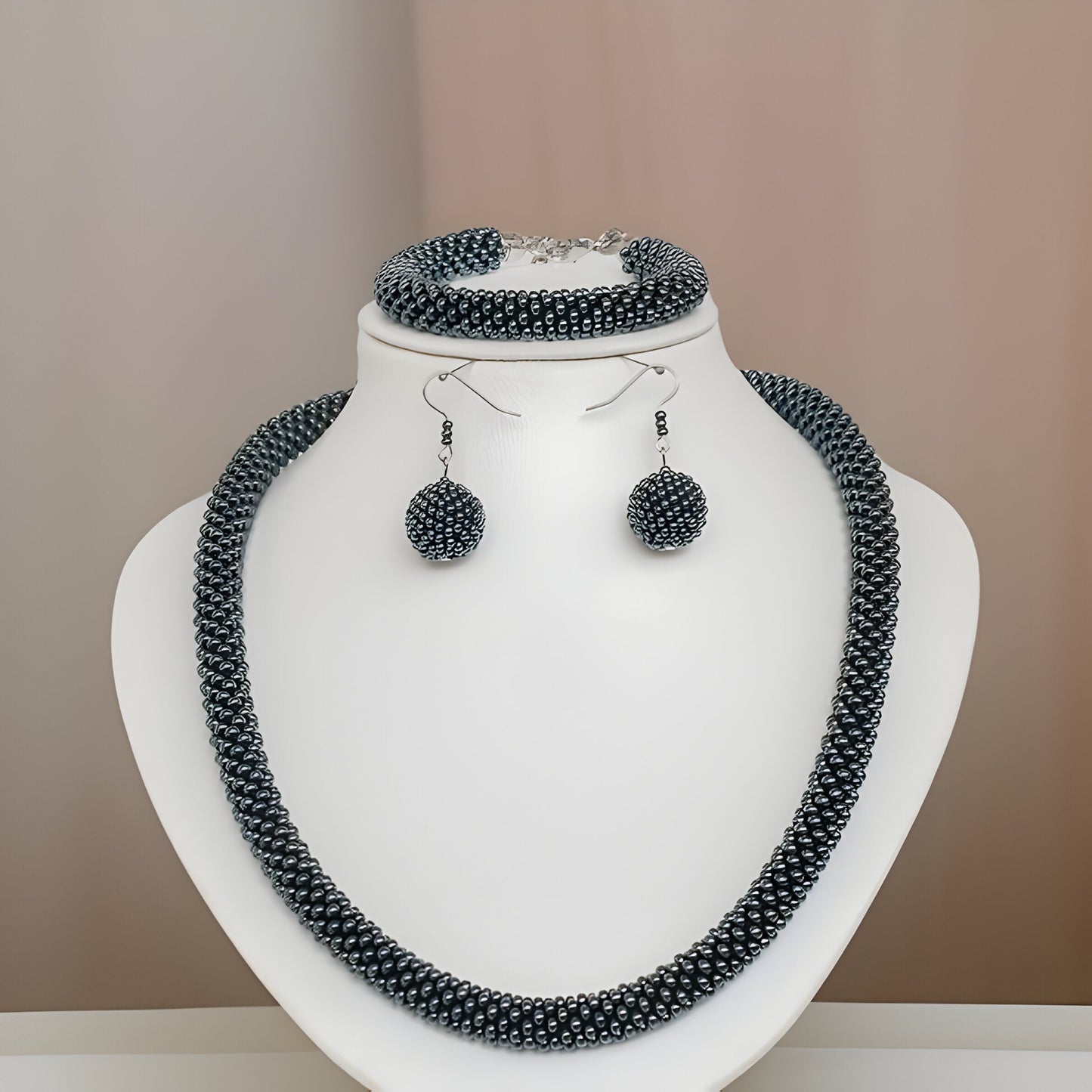 Black Beaded Necklace Set - Timeless Formal Jewelry - Necklace Bracelet Earrings - Elegant Design