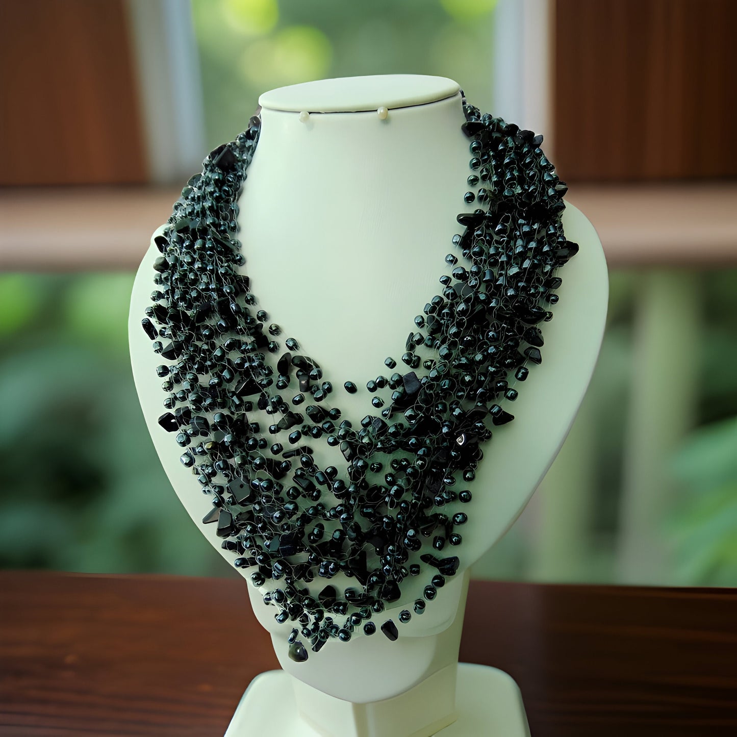 Strong Black Air Necklace with Natural Stone Fragments - Evening Statement Jewelry