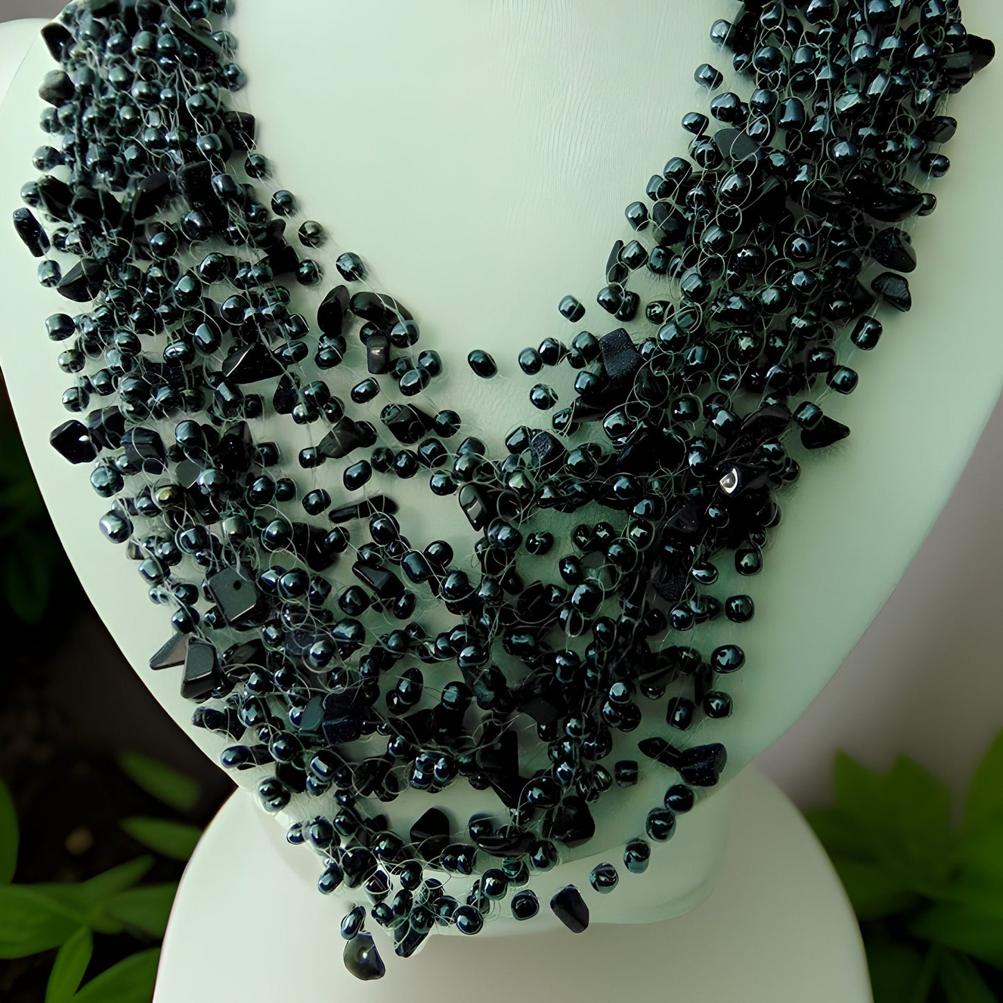 Strong Black Air Necklace with Natural Stone Fragments - Evening Statement Jewelry