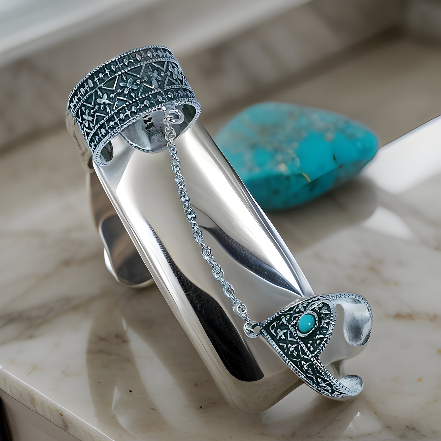 Blue Stone Full Finger Ring - Adjustable Fantasy Fan Jewelry