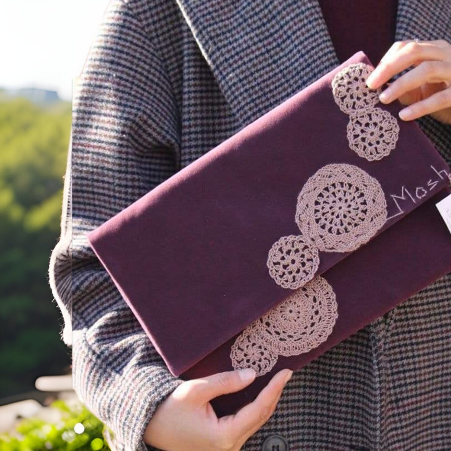 Plum Clutch with Hand-Crocheted Doily Embellishments Perfect Gift for Sisters Evenings and Timeless Style