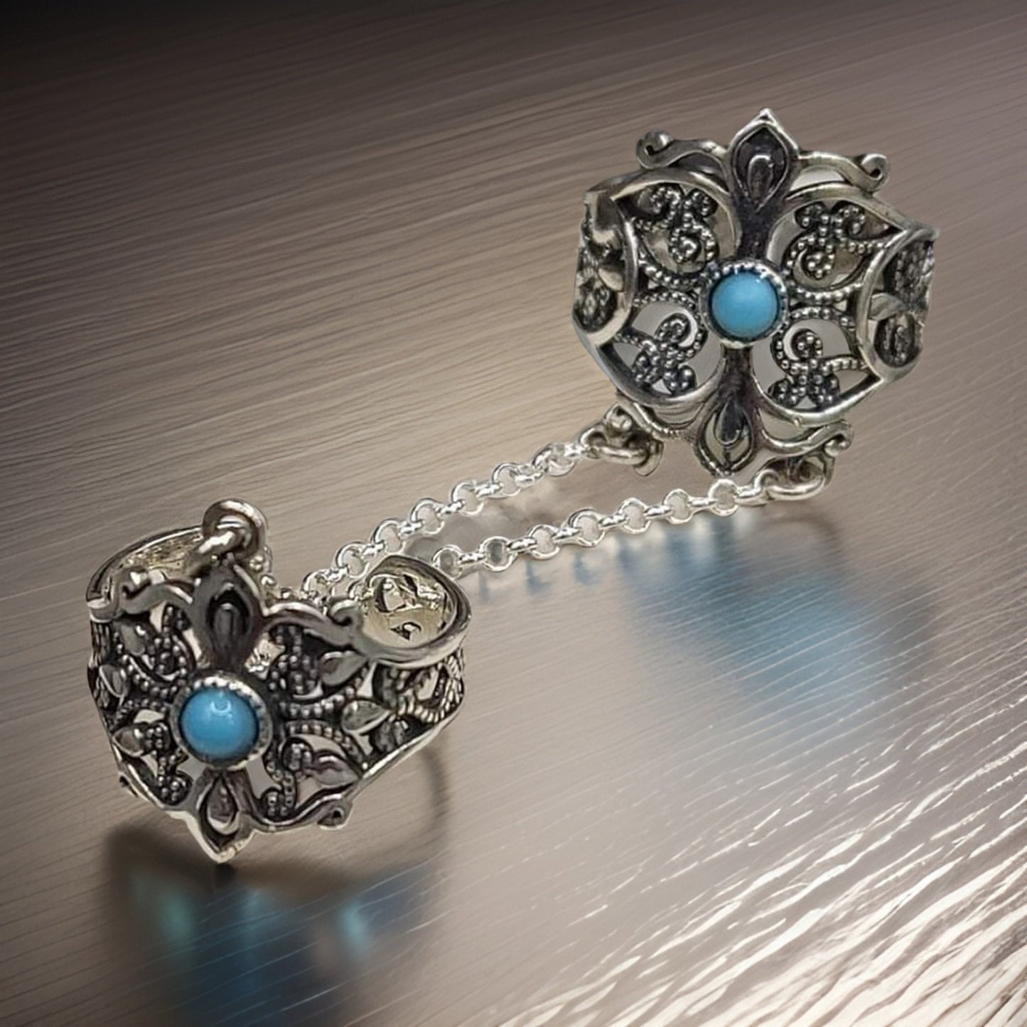 Sky Blue Adjustable Double Finger Chain Ring - Sterling Silver Open Finger Ring for Women - Cocktail Party Accessory
