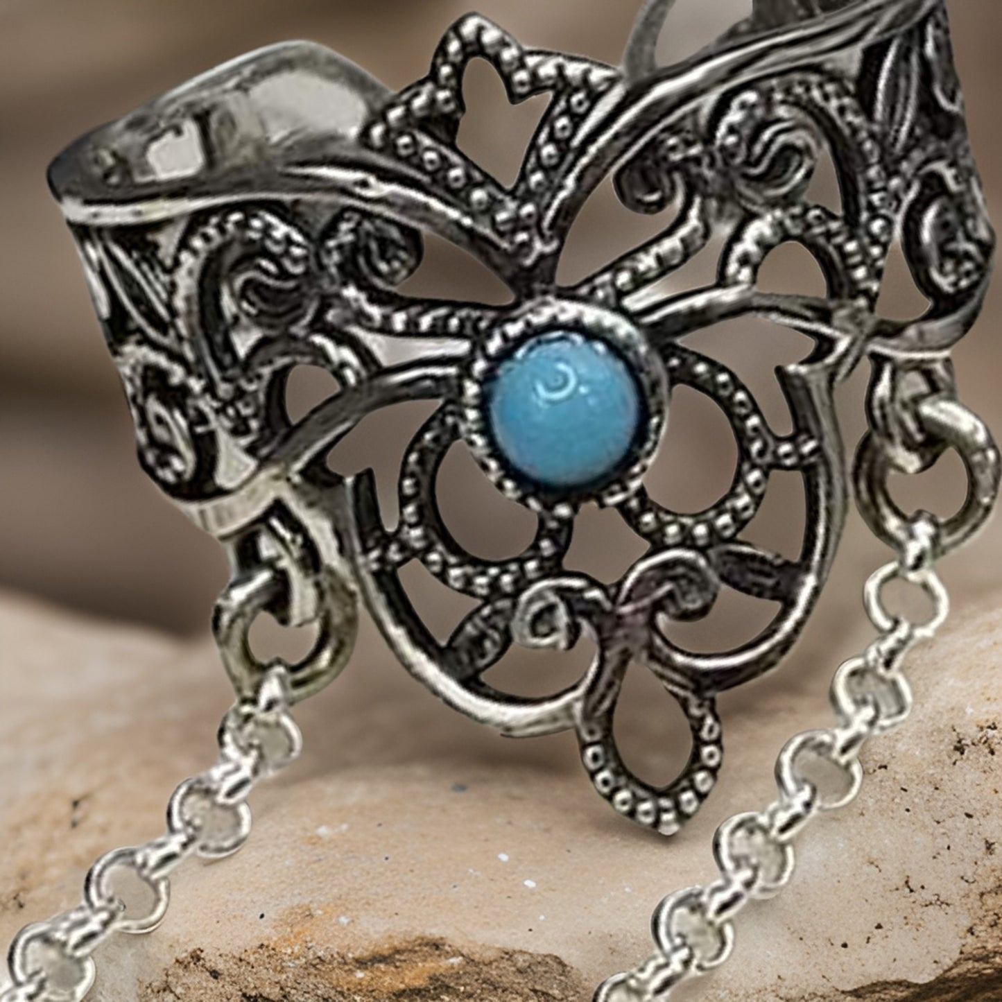Sky Blue Adjustable Double Finger Chain Ring - Sterling Silver Open Finger Ring for Women - Cocktail Party Accessory