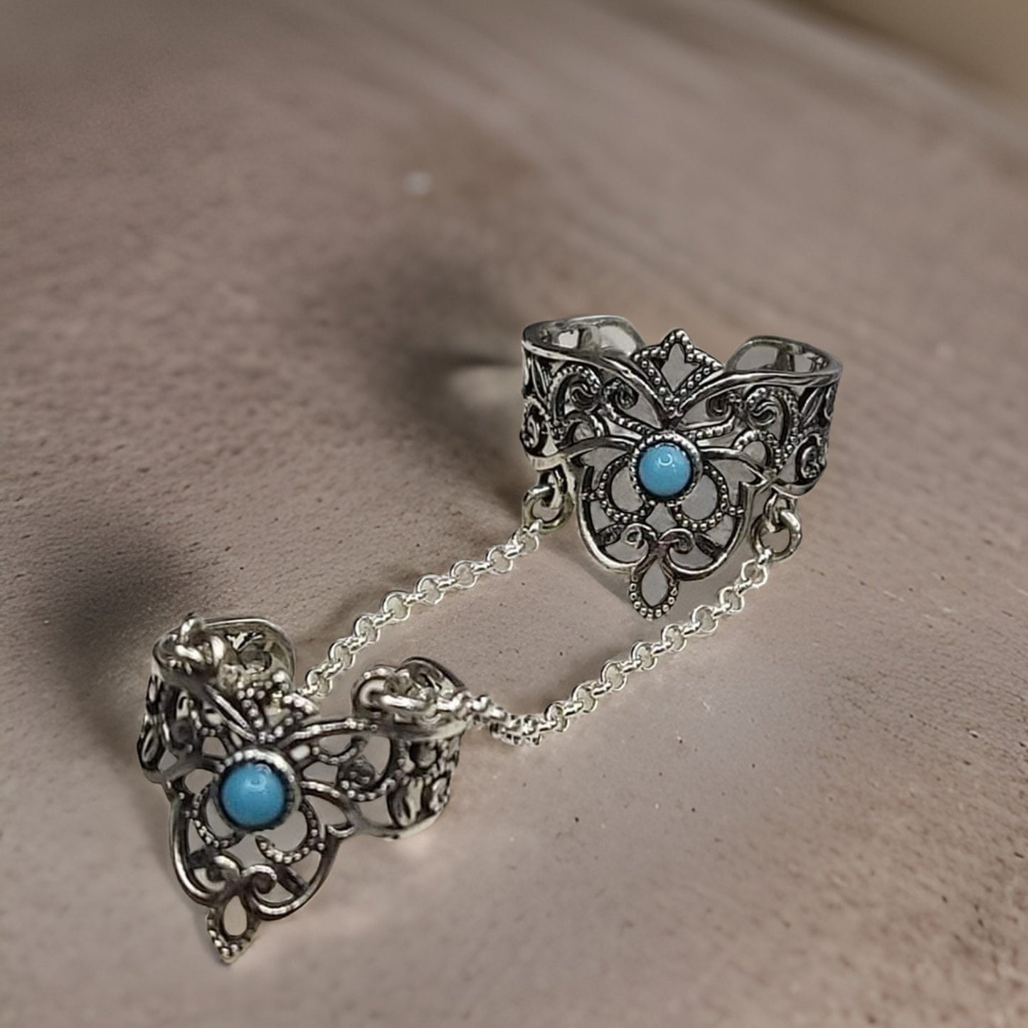 Sky Blue Adjustable Double Finger Chain Ring - Sterling Silver Open Finger Ring for Women - Cocktail Party Accessory