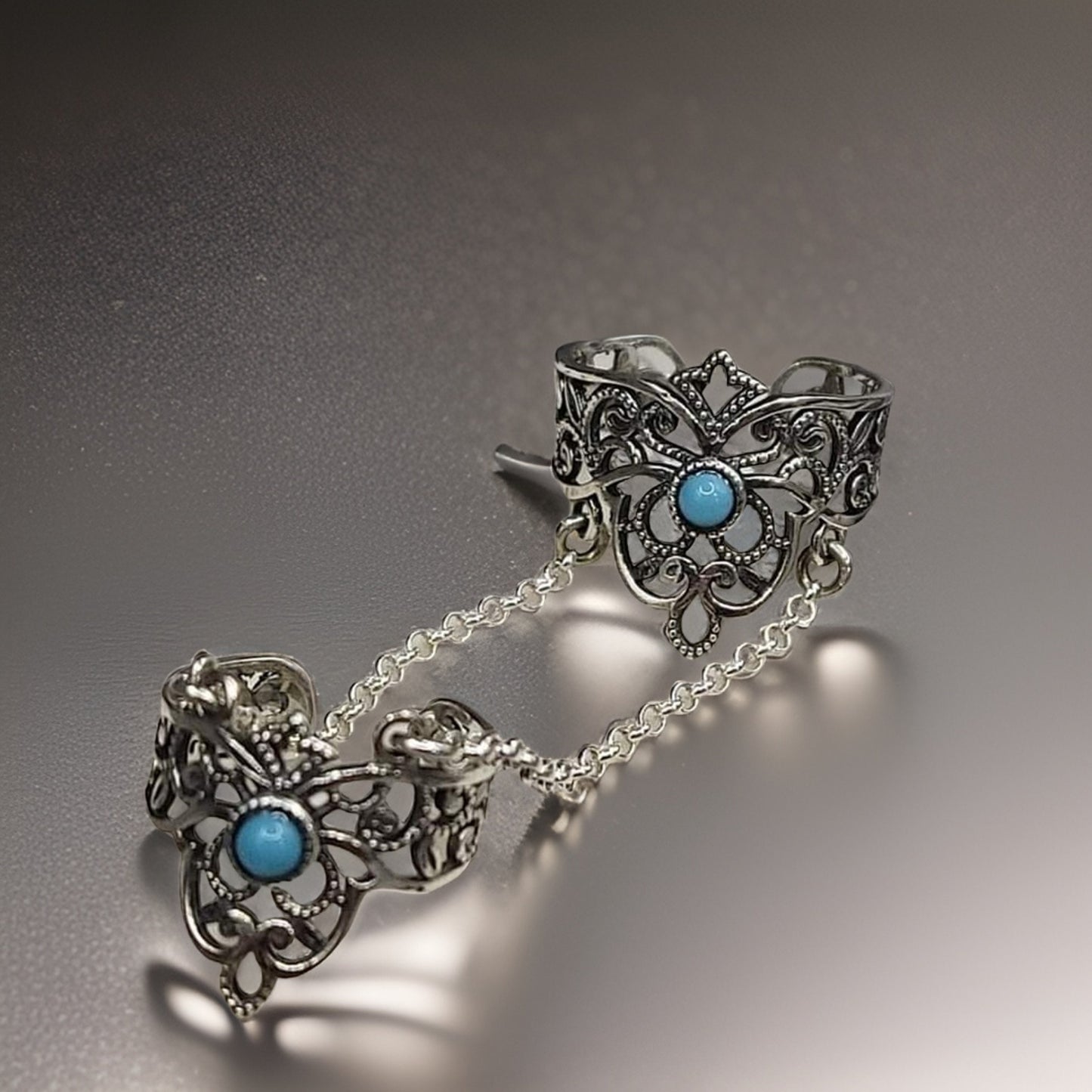 Sky Blue Adjustable Double Finger Chain Ring - Sterling Silver Open Finger Ring for Women - Cocktail Party Accessory