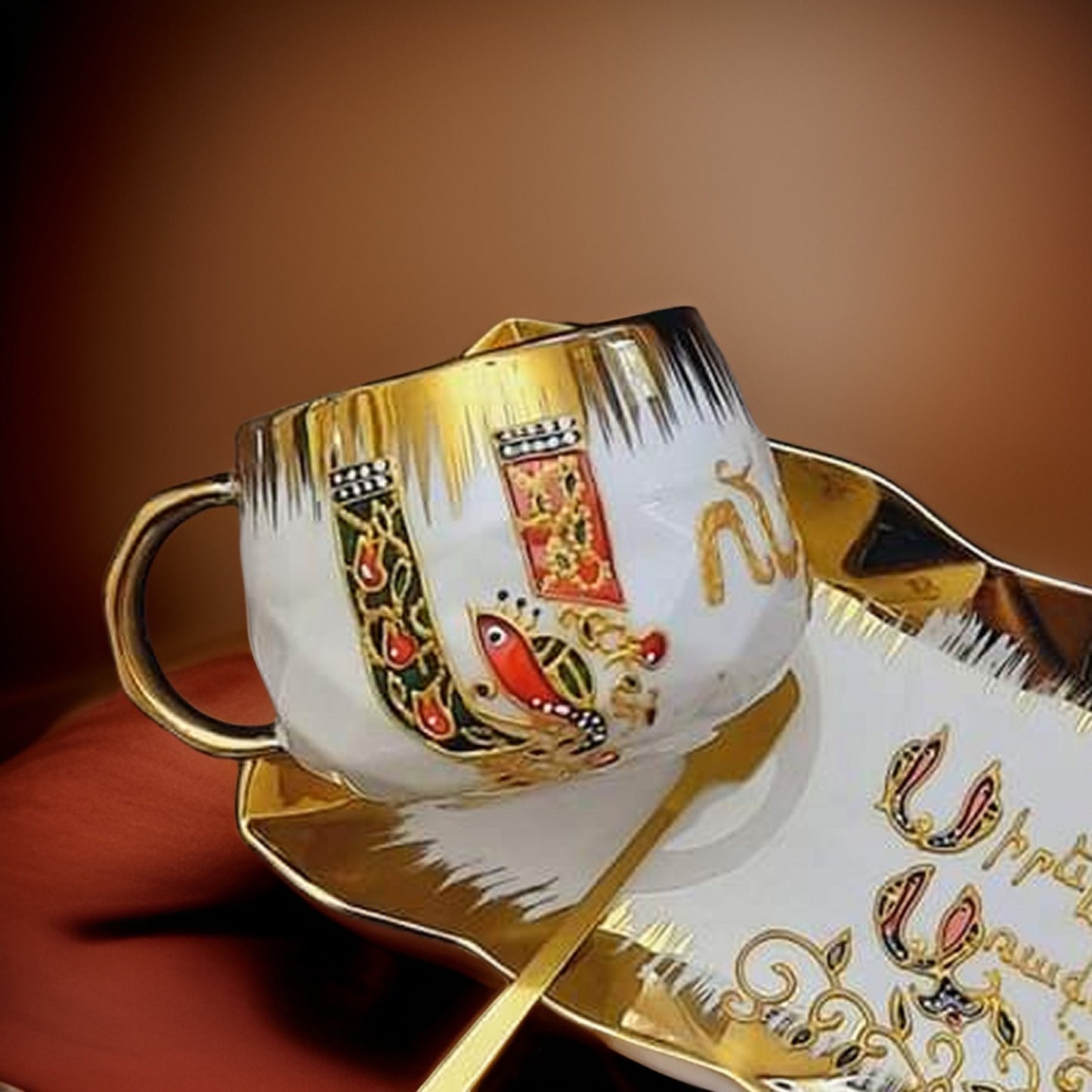 Golden Personalized Mothers Day Gift - HandwrittenHandpainted 7oz Coffee Cup and Saucer Set - Traditional Motifs - Personal Message
