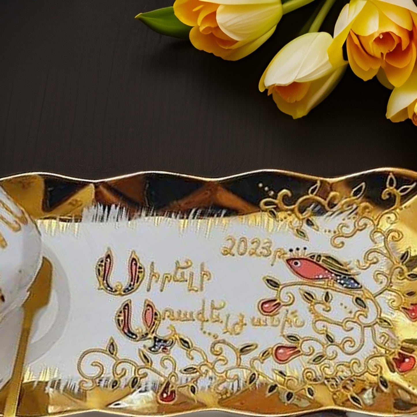 Golden Personalized Mothers Day Gift - HandwrittenHandpainted 7oz Coffee Cup and Saucer Set - Traditional Motifs - Personal Message