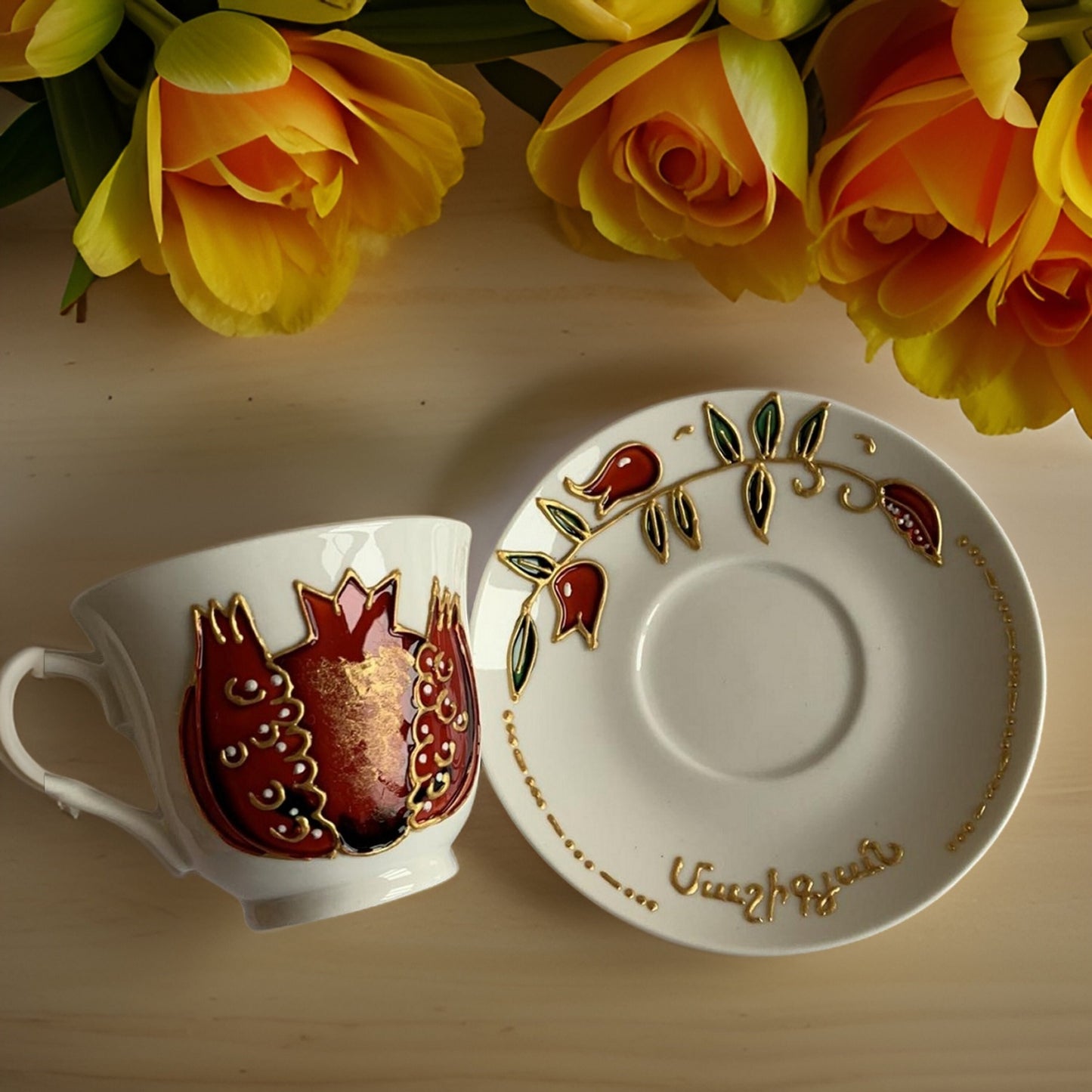 Set of 6 HAND-DRAWN Espresso Coffee Cup and Saucer Set - Armenian Wedding Gift - Ararat Mountain - Pomegranate - Armenian Girls