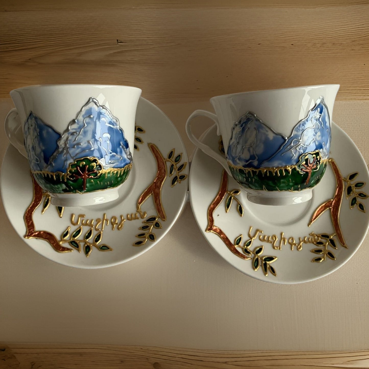 Set of 6 HAND-DRAWN Espresso Coffee Cup and Saucer Set - Armenian Wedding Gift - Ararat Mountain - Pomegranate - Armenian Girls