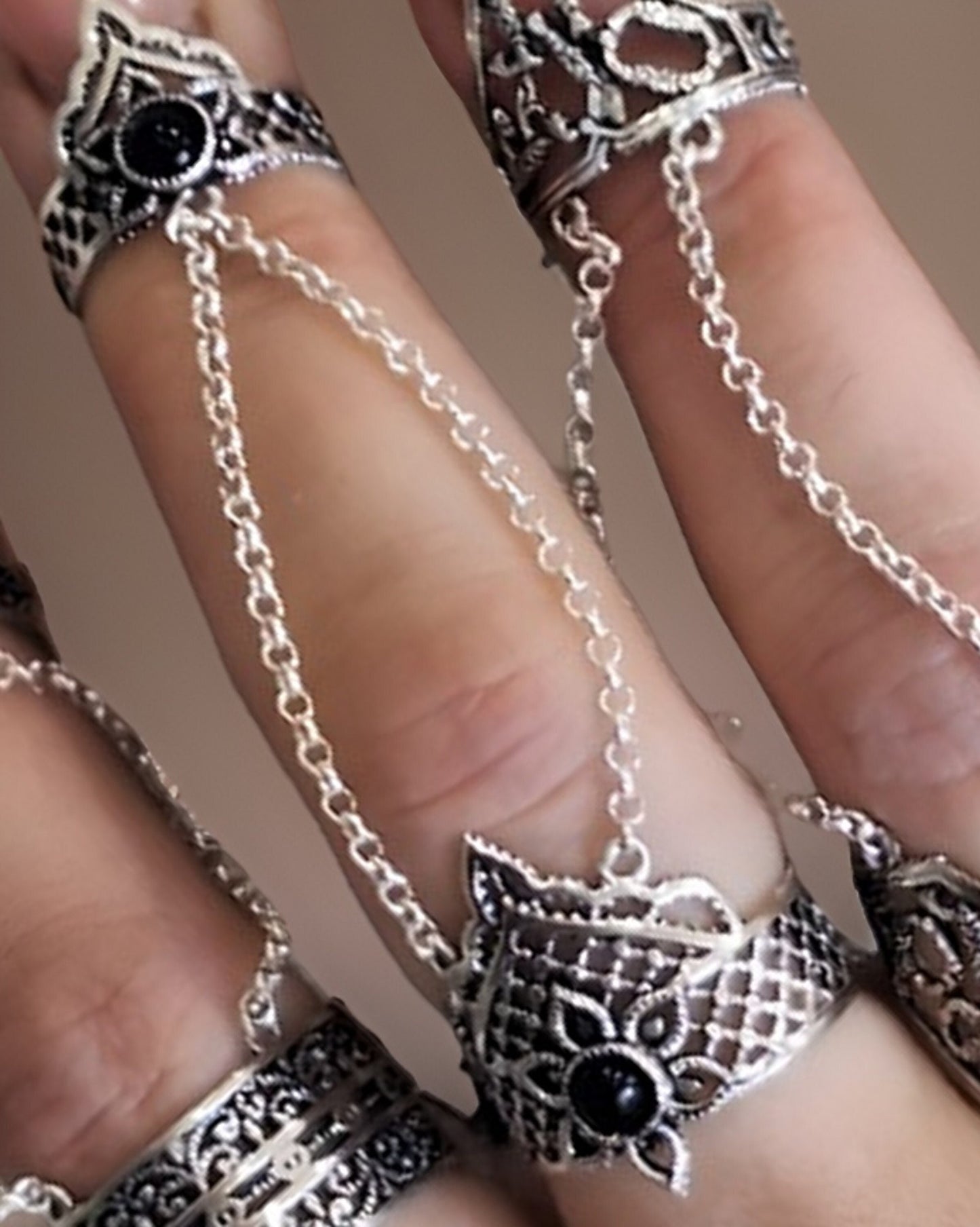 Armenian Adjustable Silver Double Finger Cocktail Party Chain Ring - Game of Thrones Style - Viking Influence - Lord of the Rings Inspired