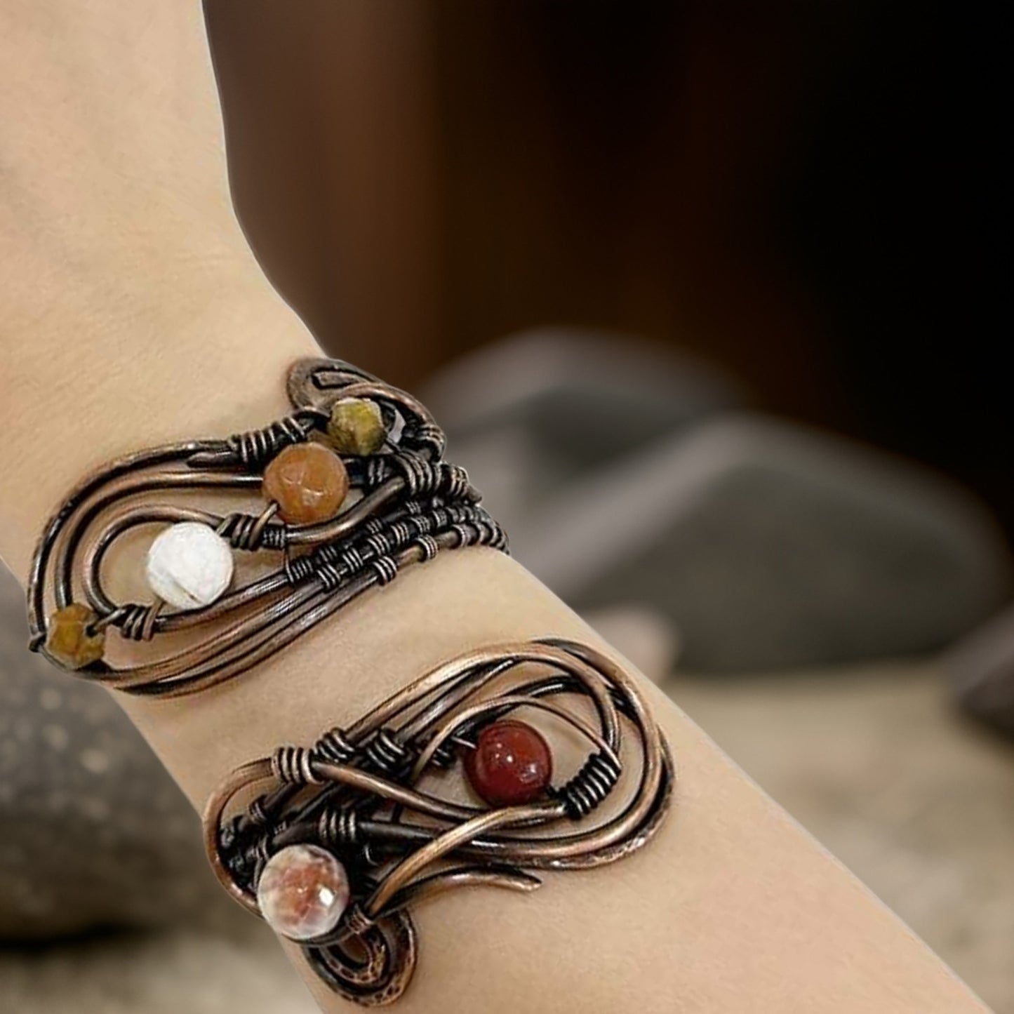 Copper Wire Wrapped Cuff Bracelet - Healing Crystal Bracelet - Unisex Wire Wrap Bangle - Oxidized Copper Adjustable Cuff Bangle