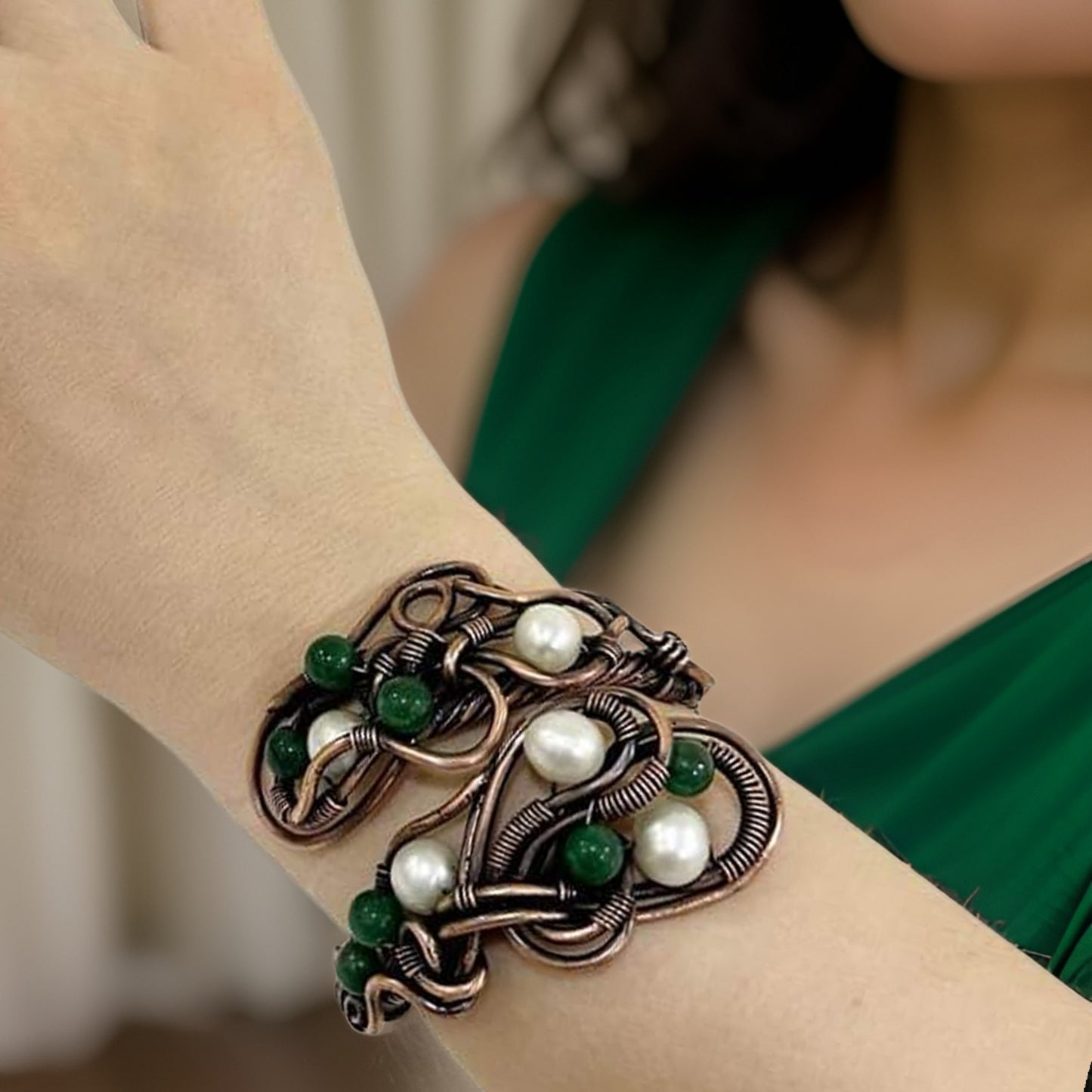 Copper Wire Wrapped Cuff Bracelet Set with Hunter Green and White Stones - Healing Crystal Bracelet - Copper Adjustable Cuff Bangle