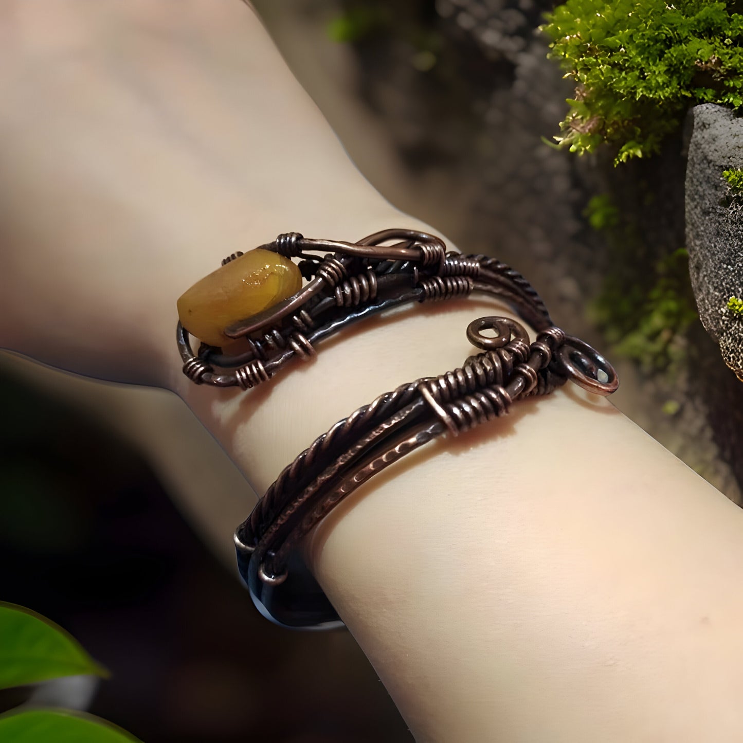 Healing Crystal Bracelet - Copper Wire Wrapped Cuff Wire Wrap Bangle Unisex Bracelet -Oxidized Copper Bangle Adjustable Cuff Bangle Bracelet