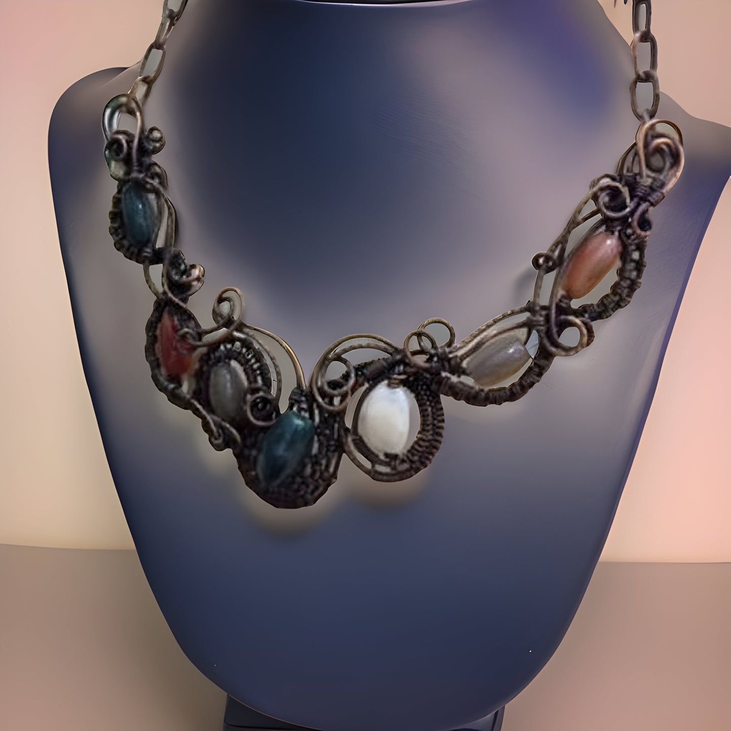 Crystal Healing Statement Set: Bib Necklace, Bracelet, and Cocktail Ring featuring Amethyst, Rose Quartz, Clear Quartz in Copper Wire Wrap