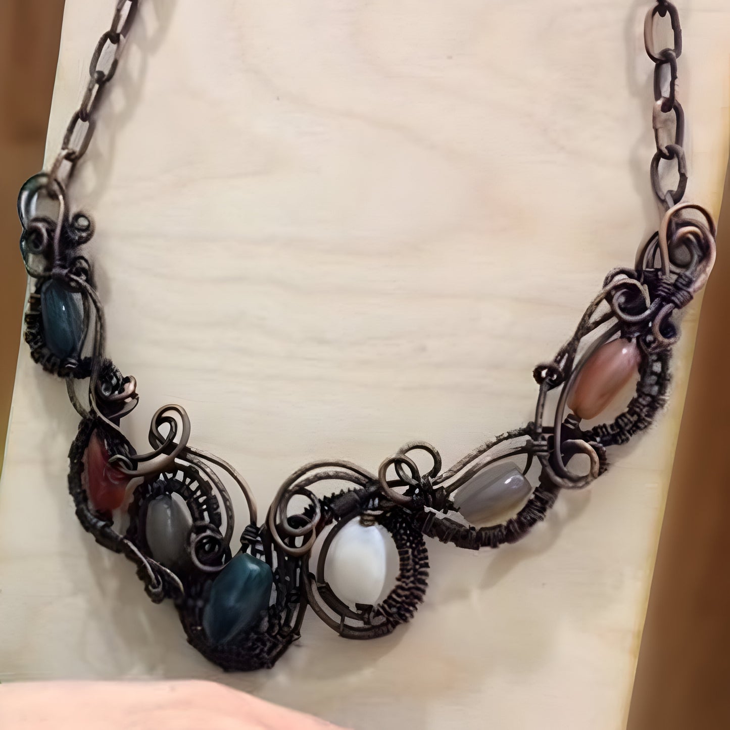 Crystal Healing Statement Set: Bib Necklace, Bracelet, and Cocktail Ring featuring Amethyst, Rose Quartz, Clear Quartz in Copper Wire Wrap