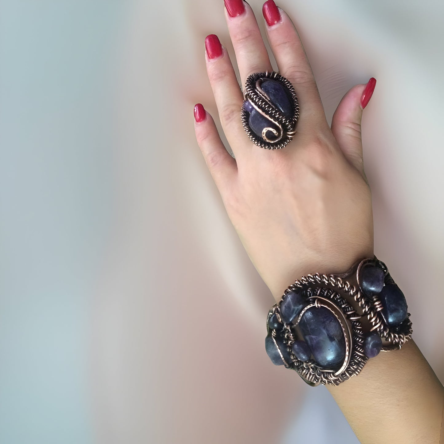 Midnight Blue Sodalite Fantasy Bracelet & Ring Set -Copper Wire-Wrapped Natural Healing Stone - Celestial Dreams Collection